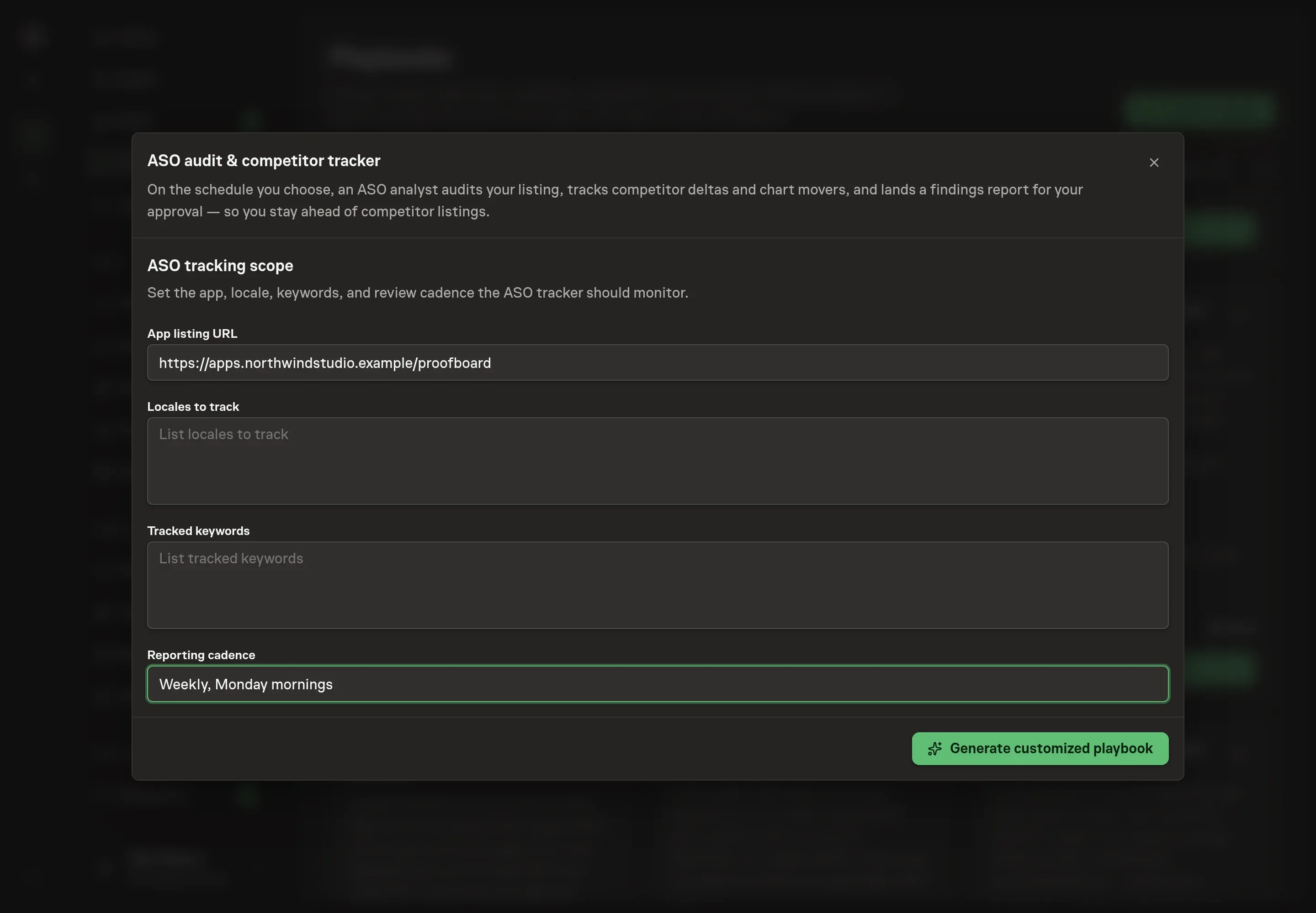 The setup form filled in with an app listing URL, two tracked locales, three tracked keywords, and a weekly reporting cadence