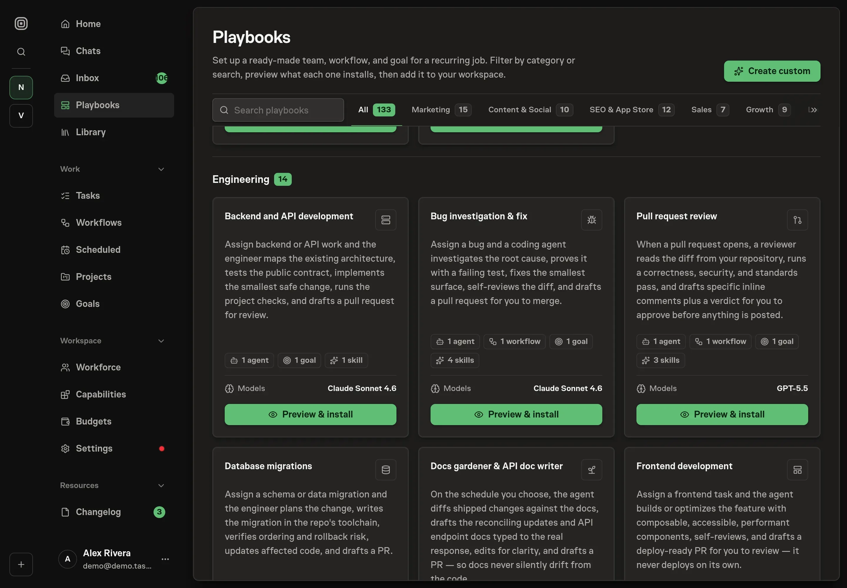 The playbook gallery with the Backend and API development card in the Engineering category, listing one agent, one skill, and one goal