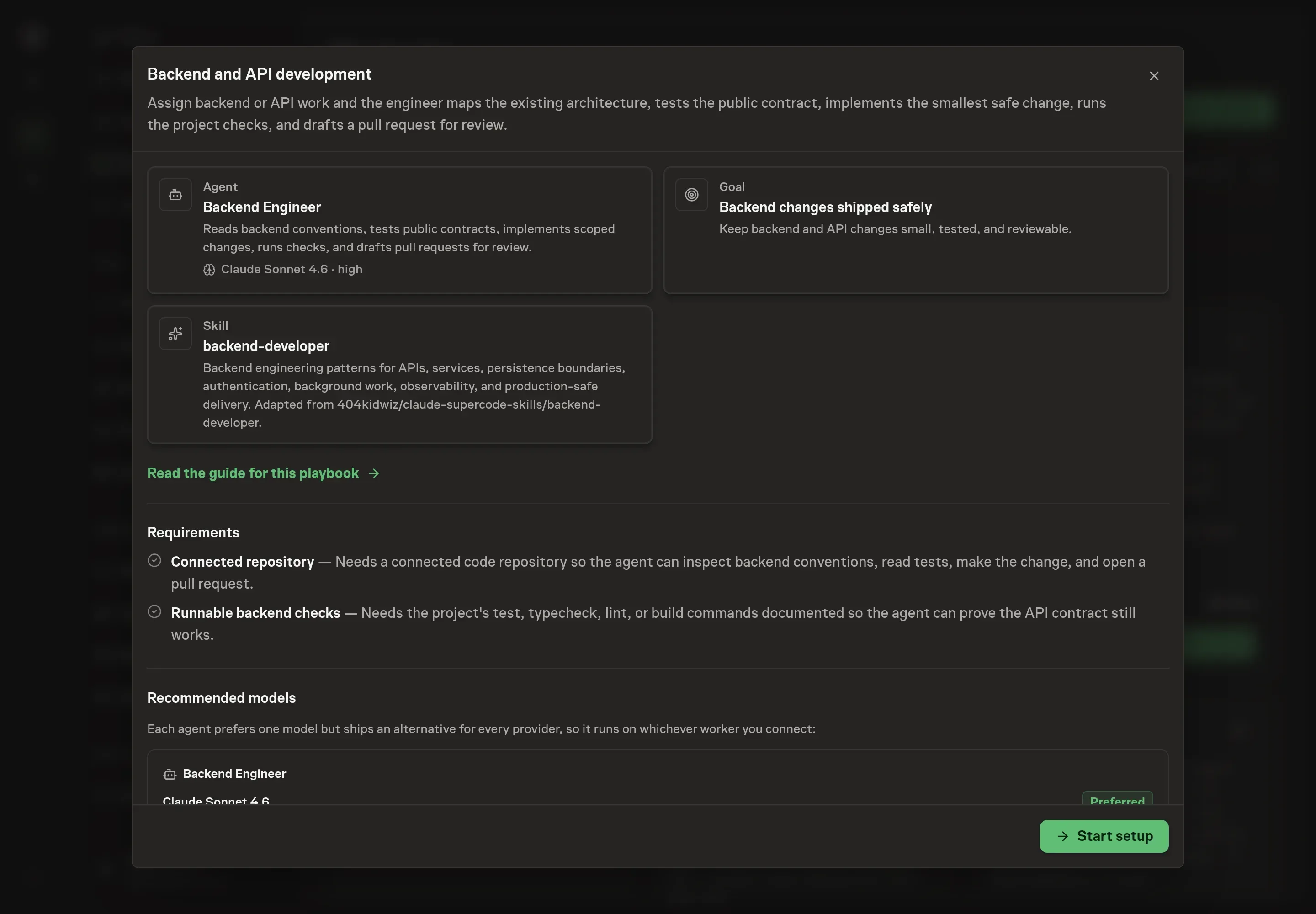 The Backend and API development preview listing the Backend Engineer agent, the backend-developer skill, and the backend changes goal, with a Start setup button