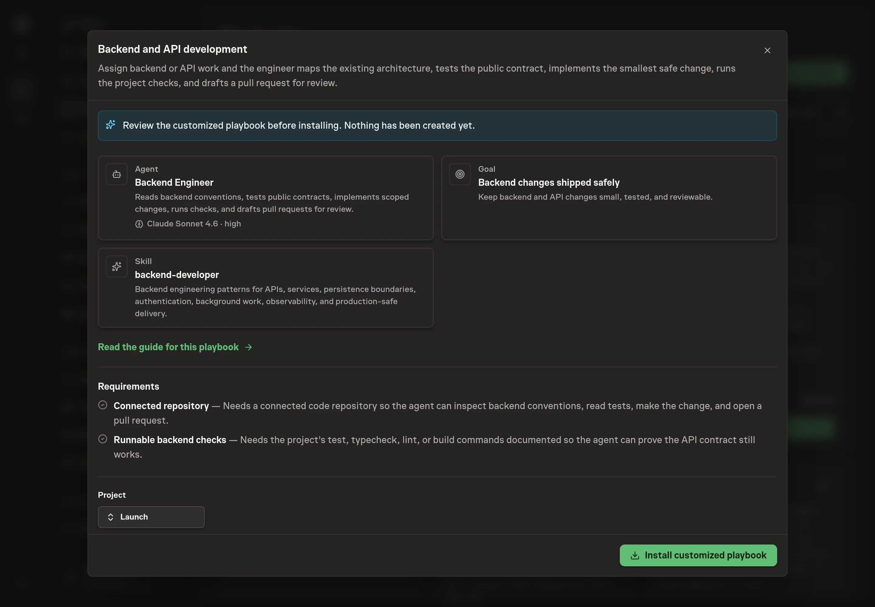 The review step showing the customized Backend Engineer agent, the backend-developer skill, and the goal, with a banner confirming nothing has been created yet