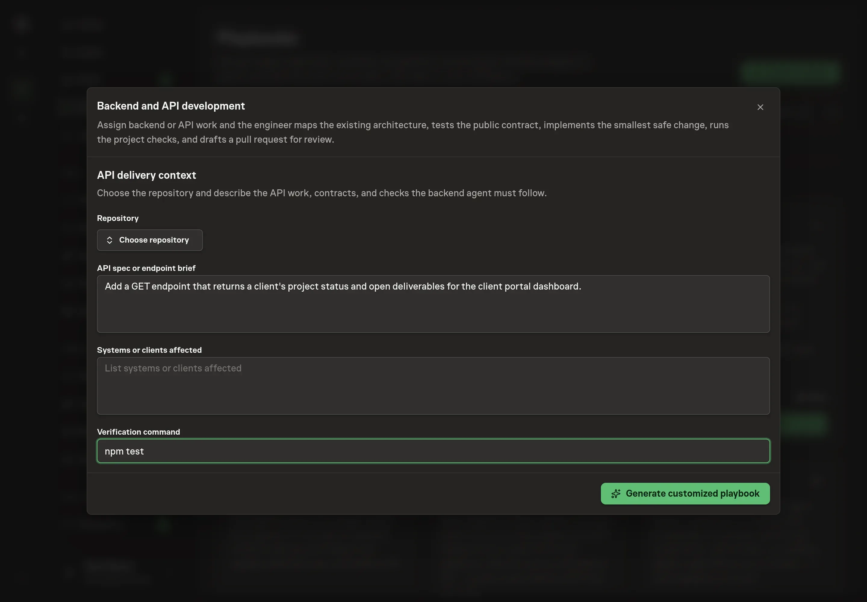 The setup form filled in with a chosen repository, an endpoint brief for a client portal API, the affected systems, and a verification command