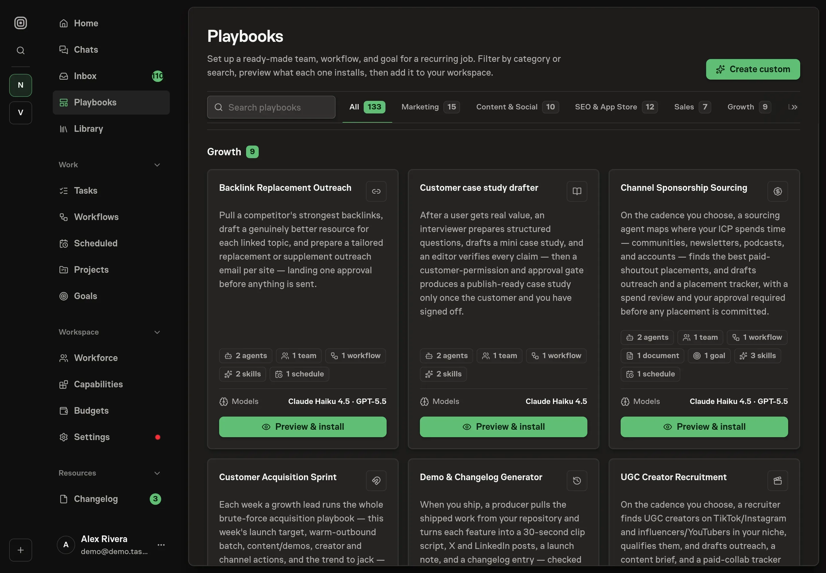 The playbook gallery with the Backlink Replacement Outreach card in the Growth category, listing two agents, one team, two skills, one workflow, and one schedule