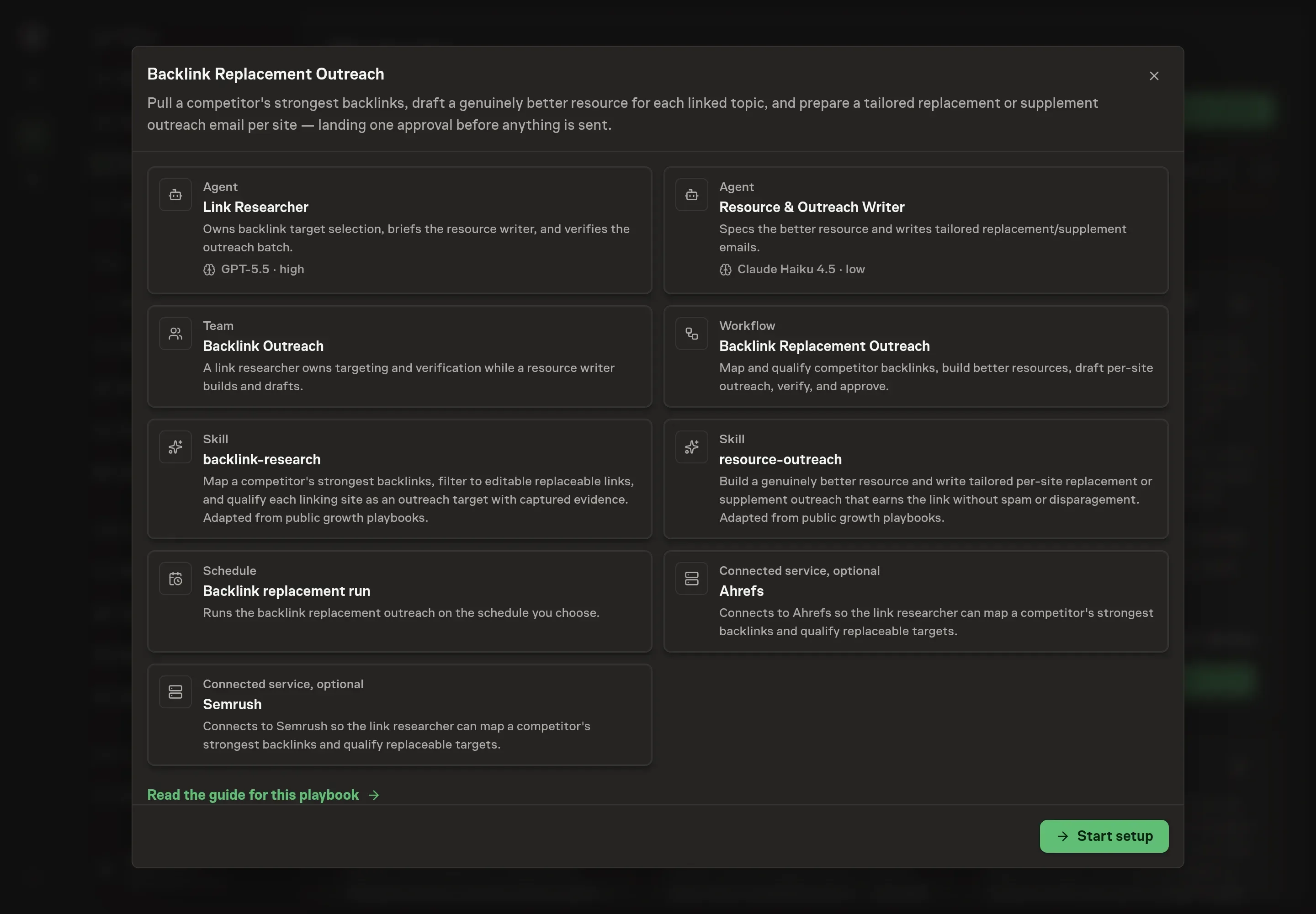 The Backlink Replacement Outreach preview listing both agents, the team, both skills, the workflow, the schedule, and Ahrefs and Semrush as optional services, with a Start setup button