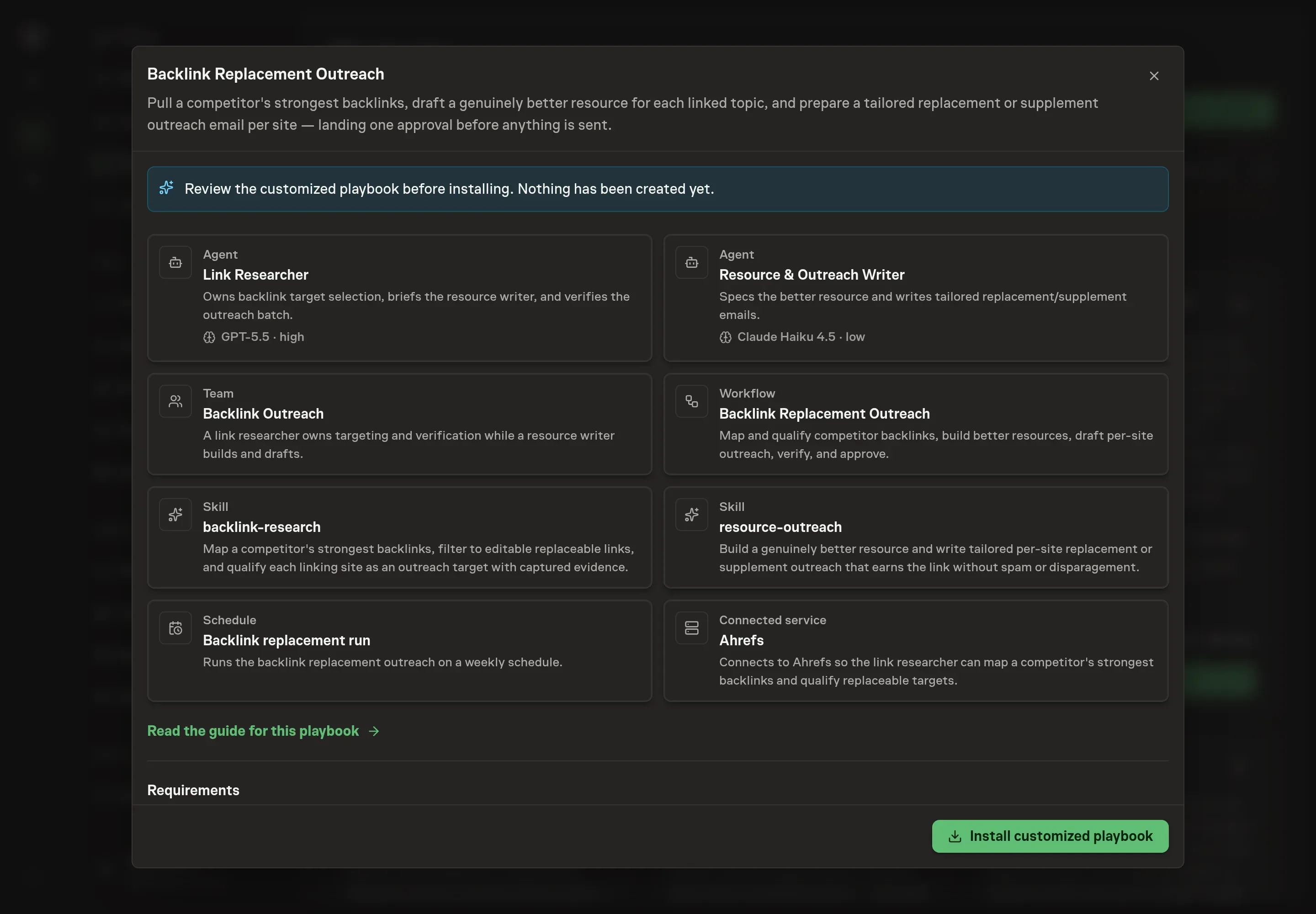 The review step showing the customized agents, team, skills, workflow, and schedule, with Ahrefs as the only connected service and a banner confirming nothing has been created yet