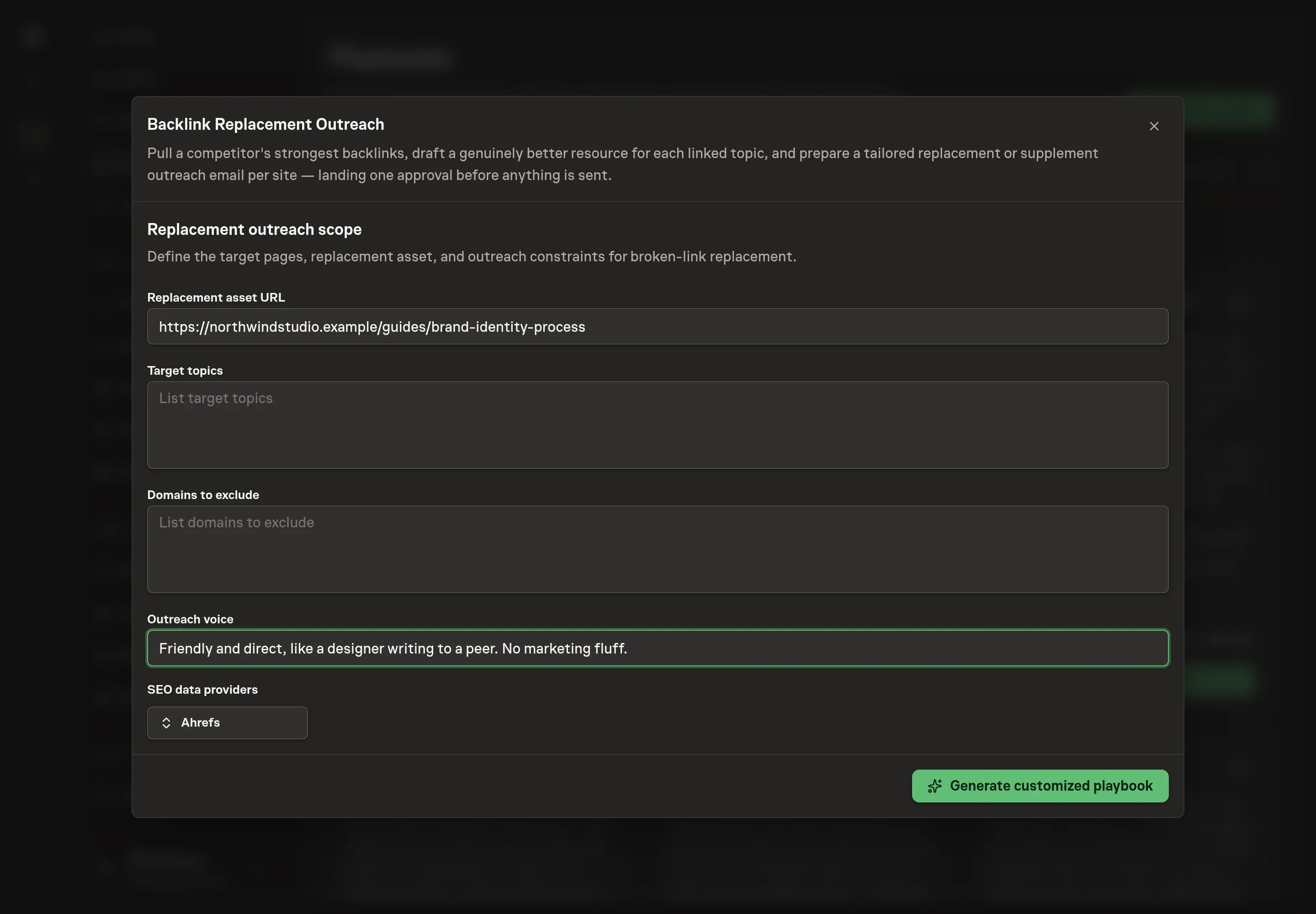 The setup form filled in with a replacement asset URL, target topics, excluded domains, and outreach voice notes
