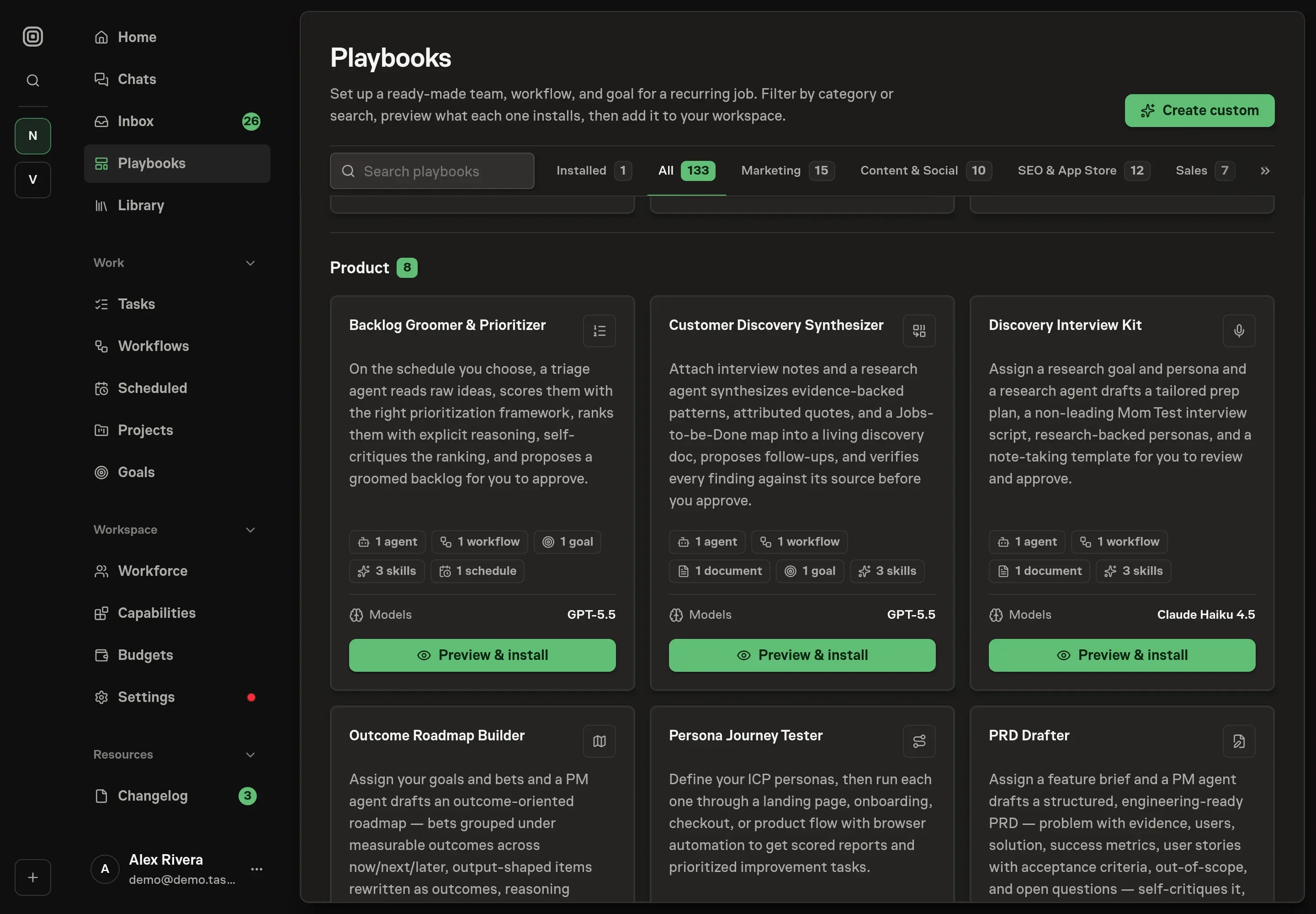 The playbook gallery with the Backlog Groomer & Prioritizer card in the Product category, listing one agent, one workflow, one goal, three skills, and one schedule