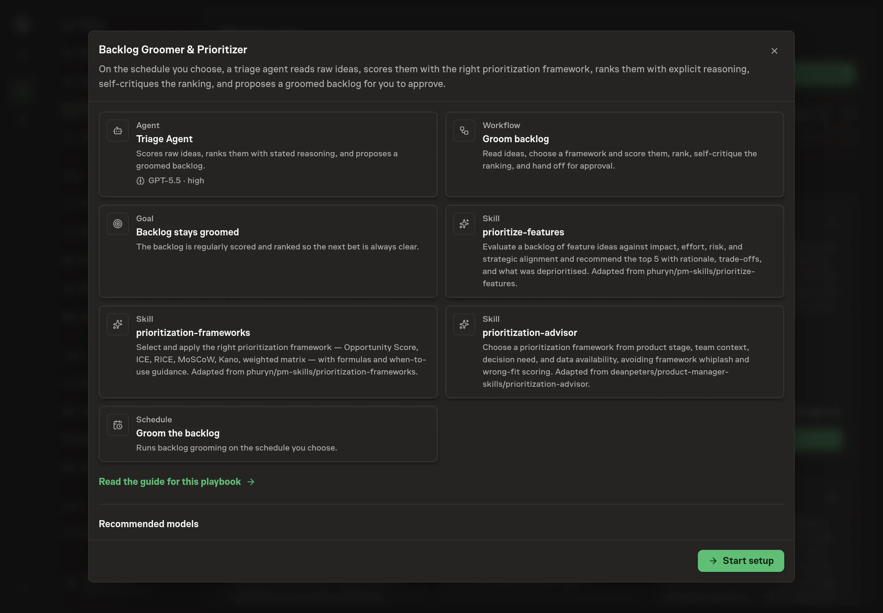 The Backlog Groomer & Prioritizer preview listing the Triage Agent, the Groom backlog workflow, the goal, all three prioritization skills, and the recurring schedule, with a Start setup button