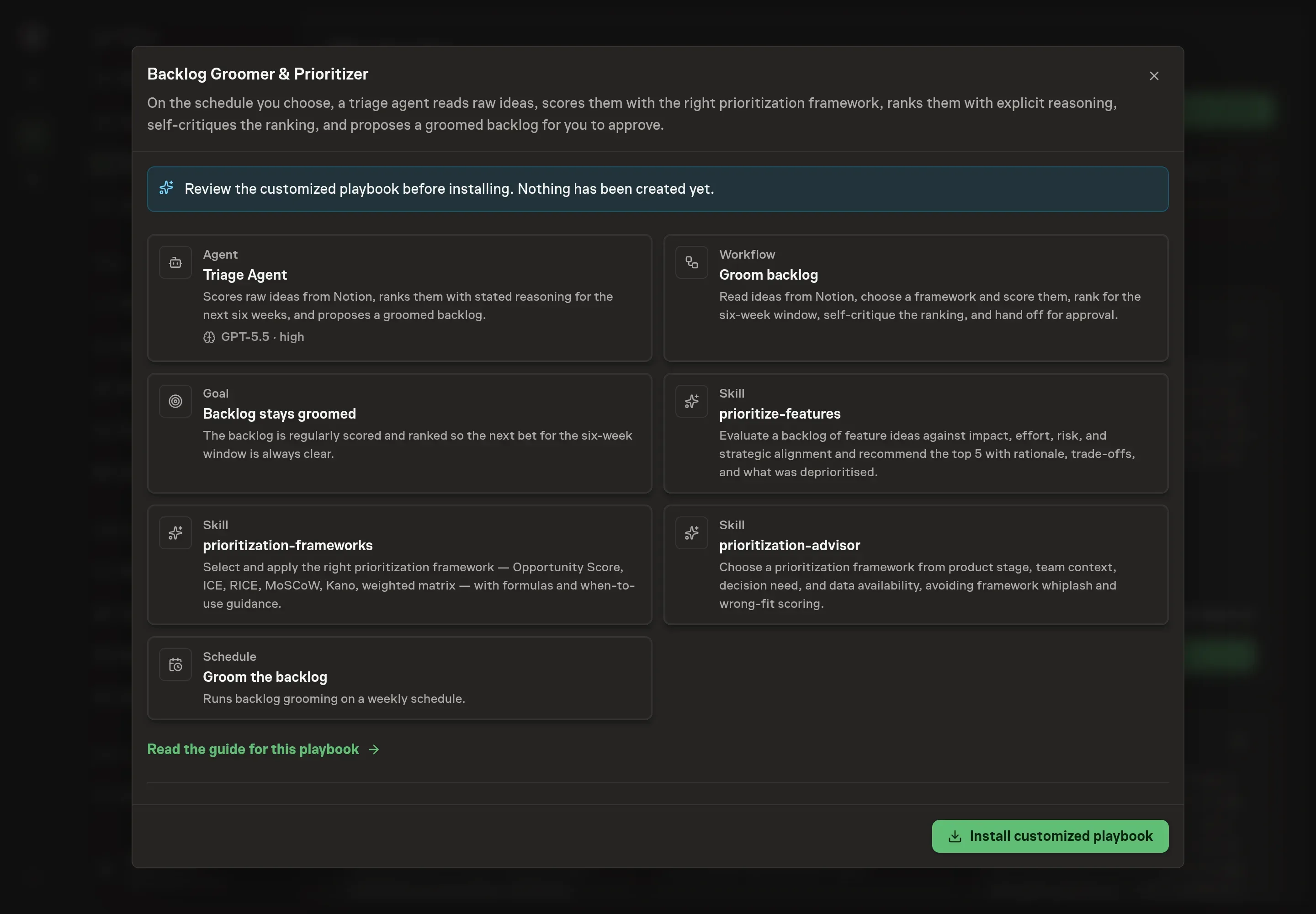 The review step showing the customized Triage Agent, the Groom backlog workflow, the goal, the skills, and the schedule before anything is created