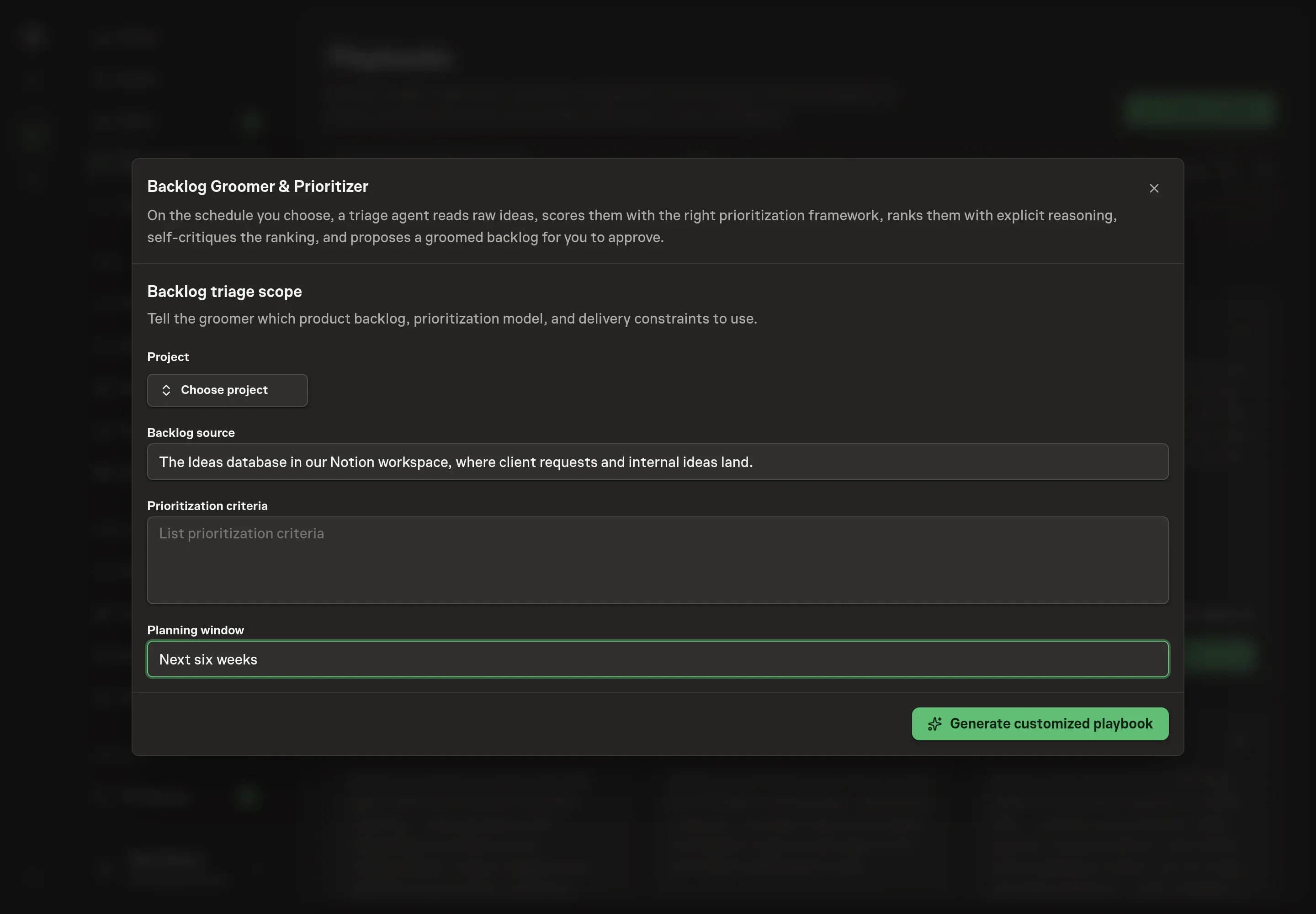 The setup form filled in with a chosen project, a backlog source, a list of prioritization criteria, and a planning window