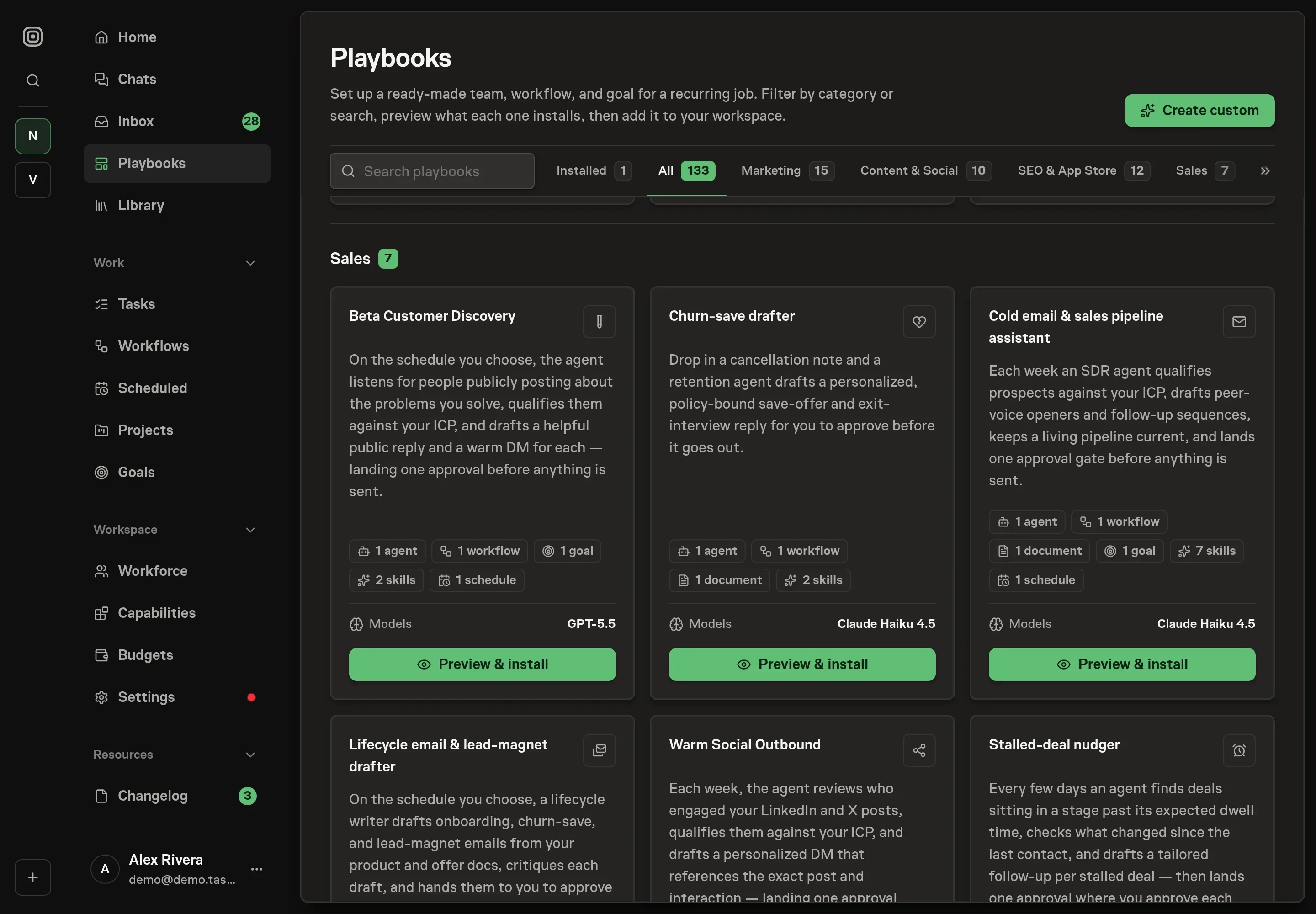 The playbook gallery with the Beta Customer Discovery card in the Sales category, listing one agent, one workflow, one goal, two skills, and one schedule