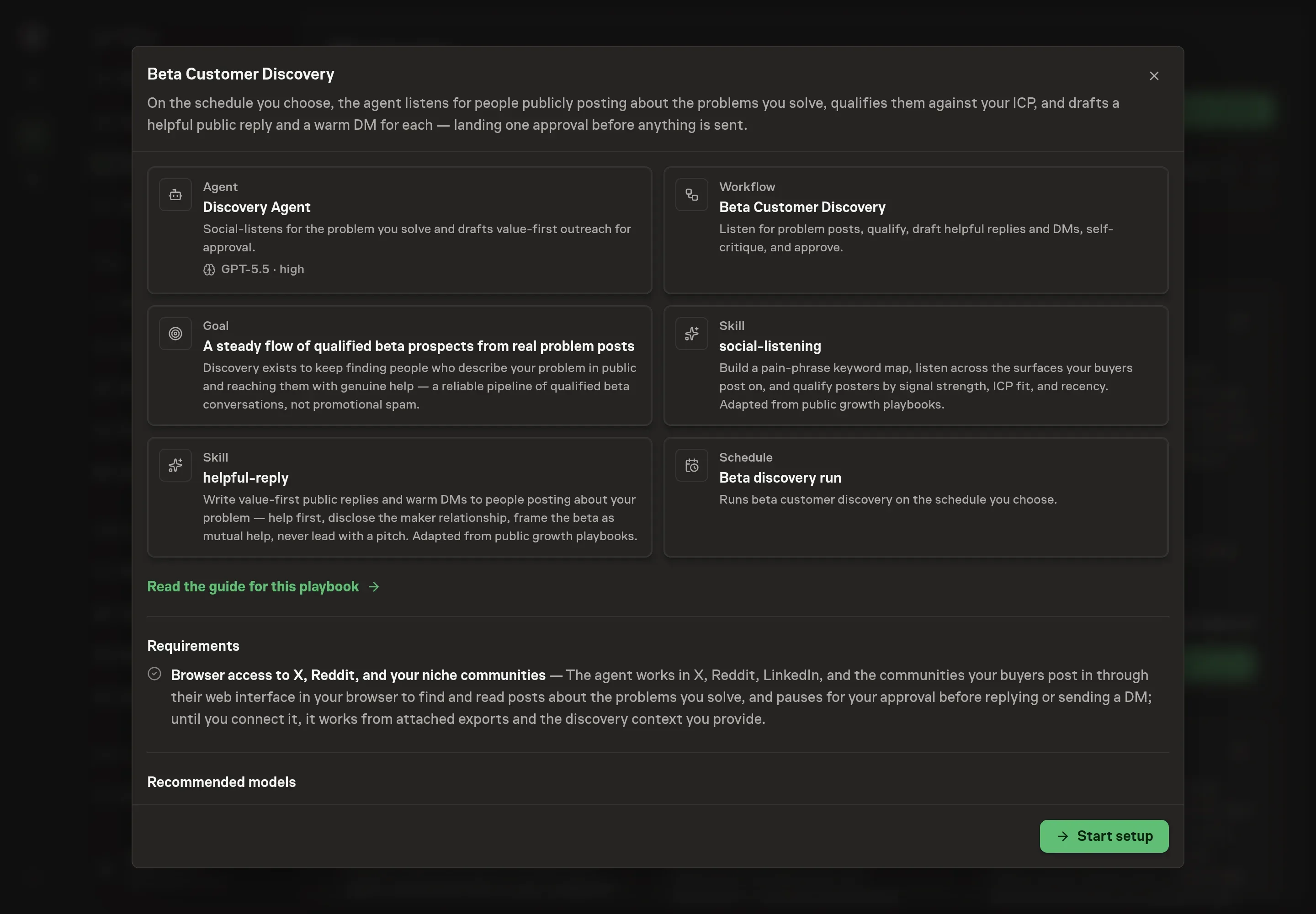 The Beta Customer Discovery preview listing the Discovery Agent, the workflow, the goal, both skills, the schedule, and the browser-access requirement, with a Start setup button