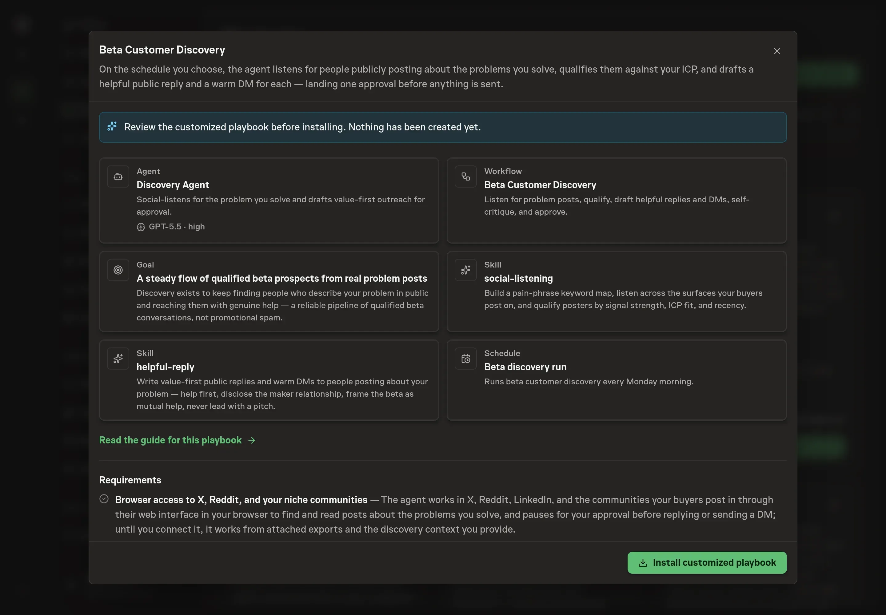 The review step showing the customized Discovery Agent, workflow, goal, skills, and schedule, with a banner confirming nothing has been created yet