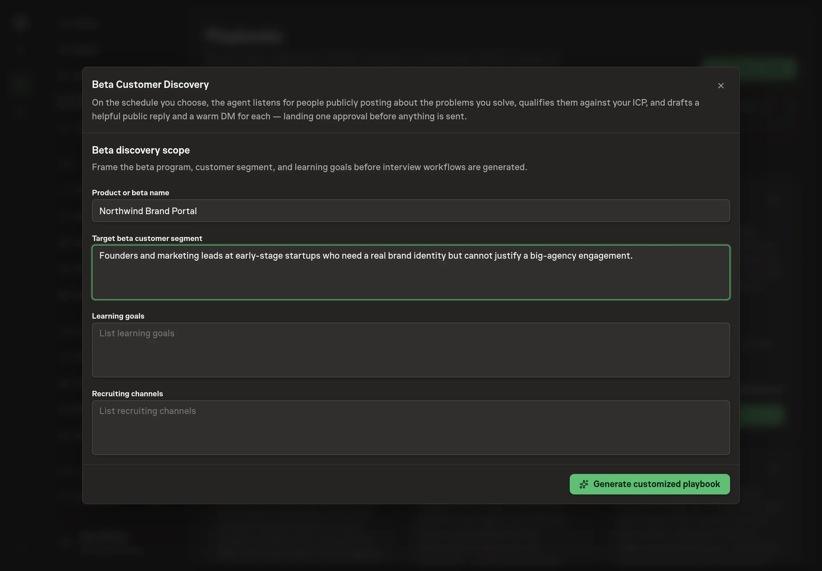The setup form filled in with a product name, a target beta customer segment, learning goals, and recruiting channels