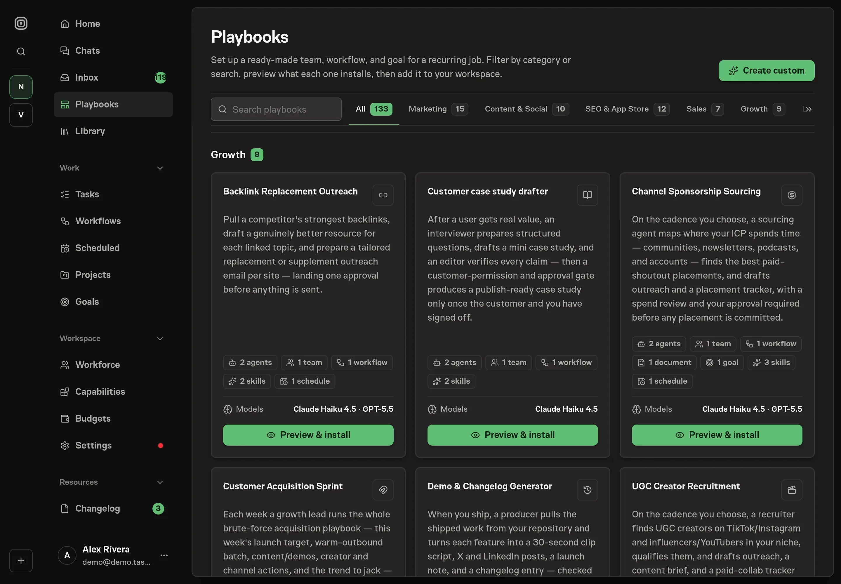 The playbook gallery with the Channel Sponsorship Sourcing card in the Growth category, listing two agents, one team, one workflow, one document, one goal, three skills, and one schedule