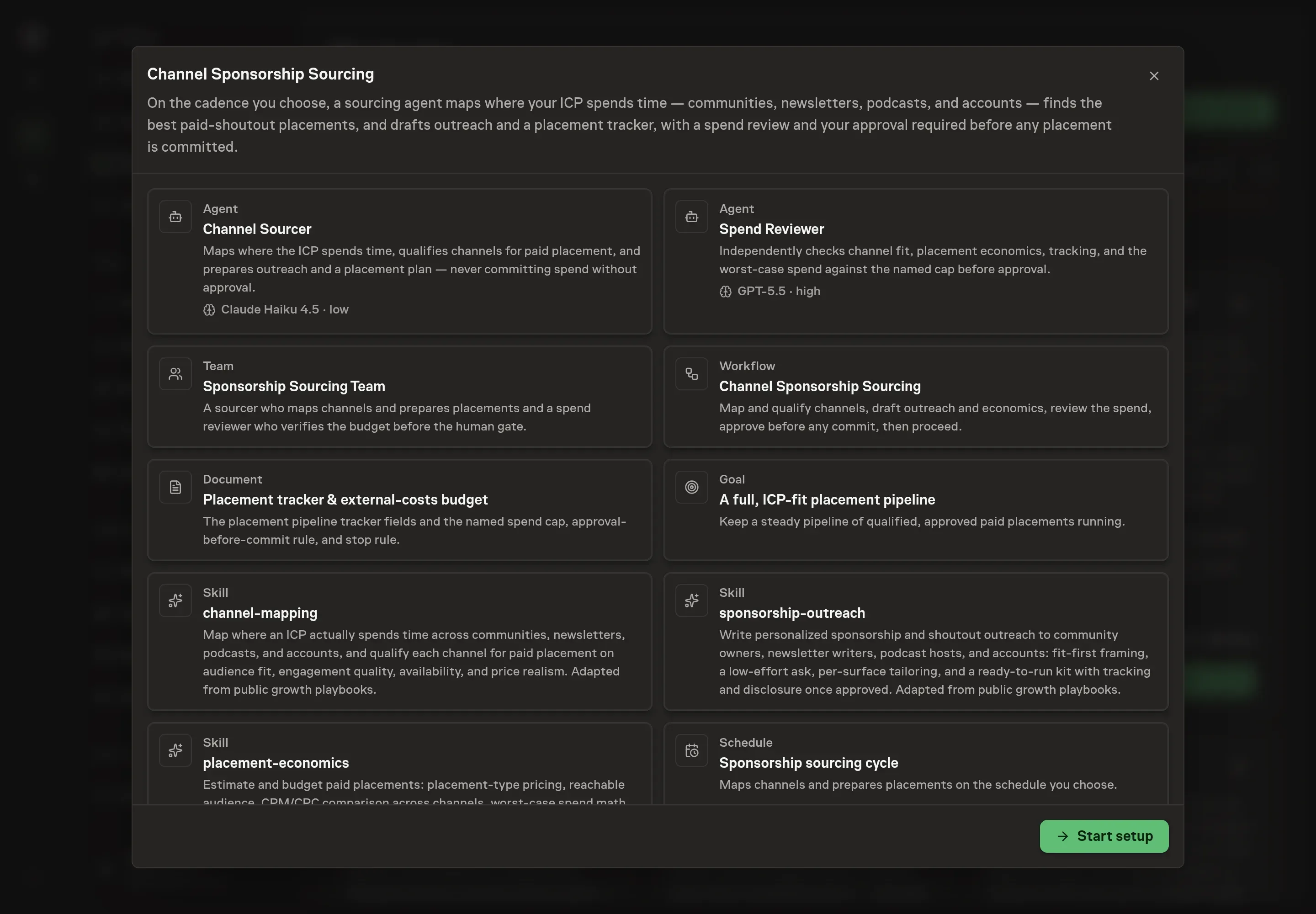 The Channel Sponsorship Sourcing preview listing both agents, the team, the workflow, the placement tracker document, the goal, all three skills, and the schedule, with a Start setup button