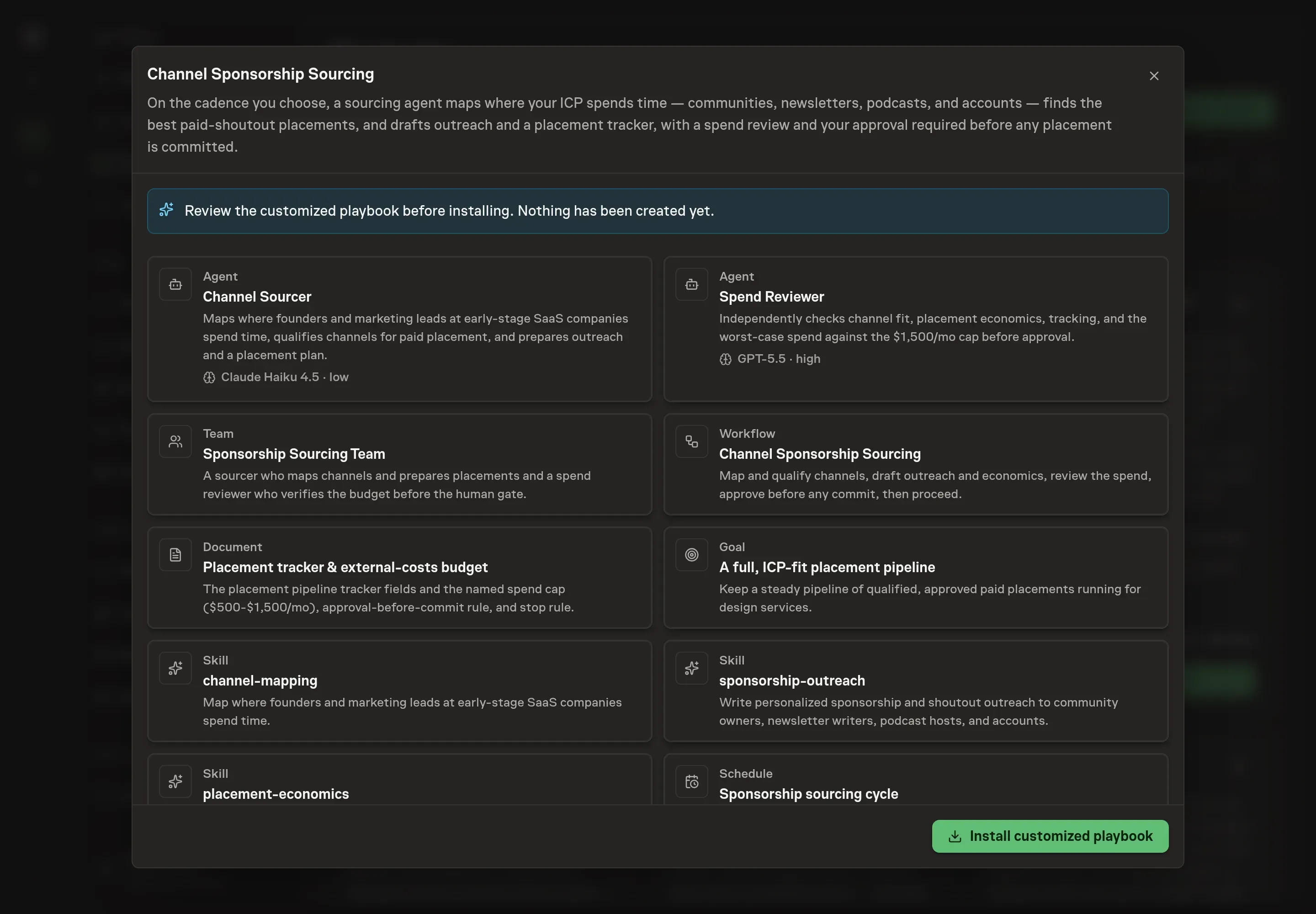 The review step showing the customized agents, team, workflow, tracker document, goal, skills, and schedule, with a banner confirming nothing has been created yet