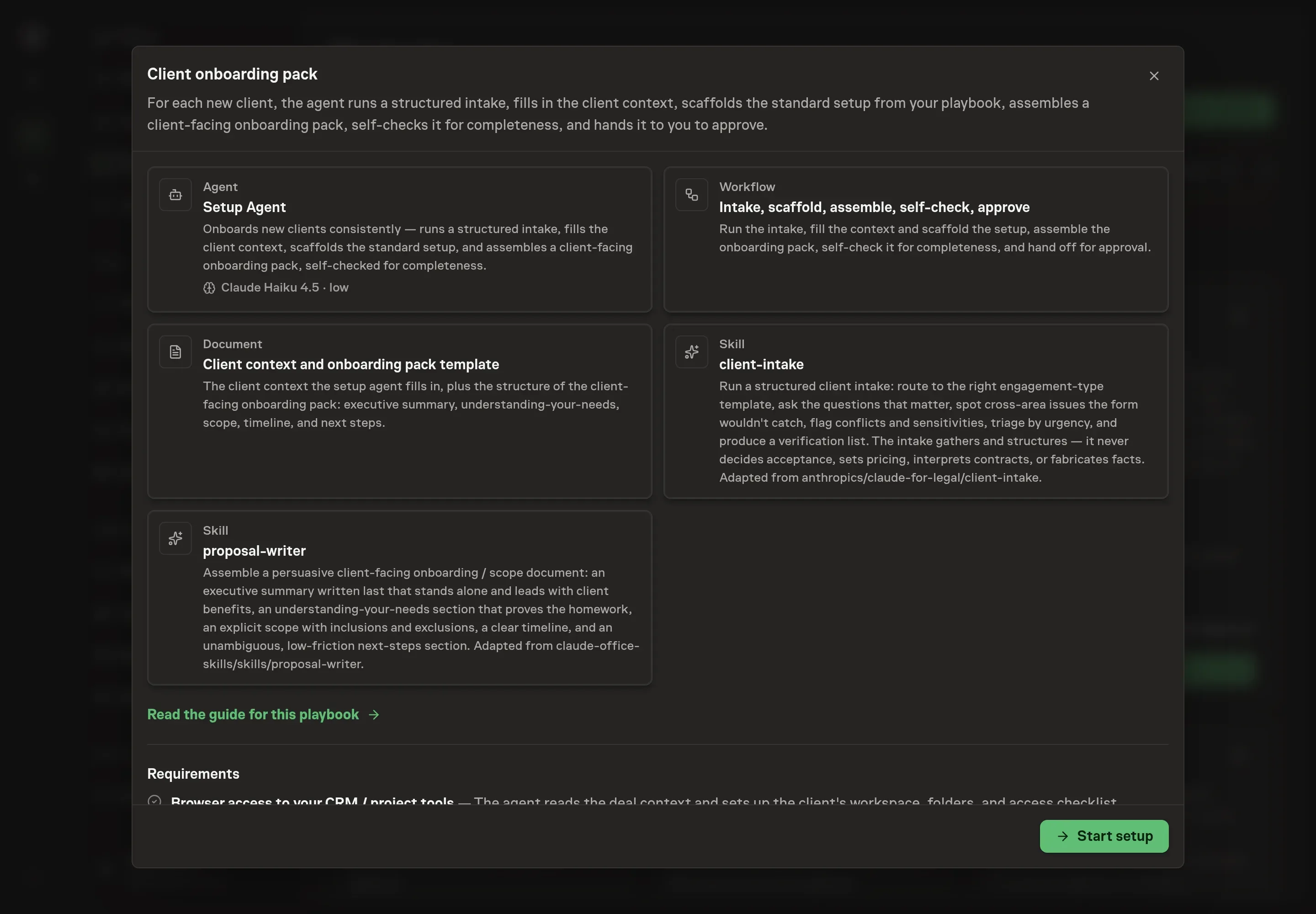 The Client onboarding pack preview listing the Setup Agent, the five-step workflow, the template document, both skills, and the Client Onboarding folder, with a Start setup button