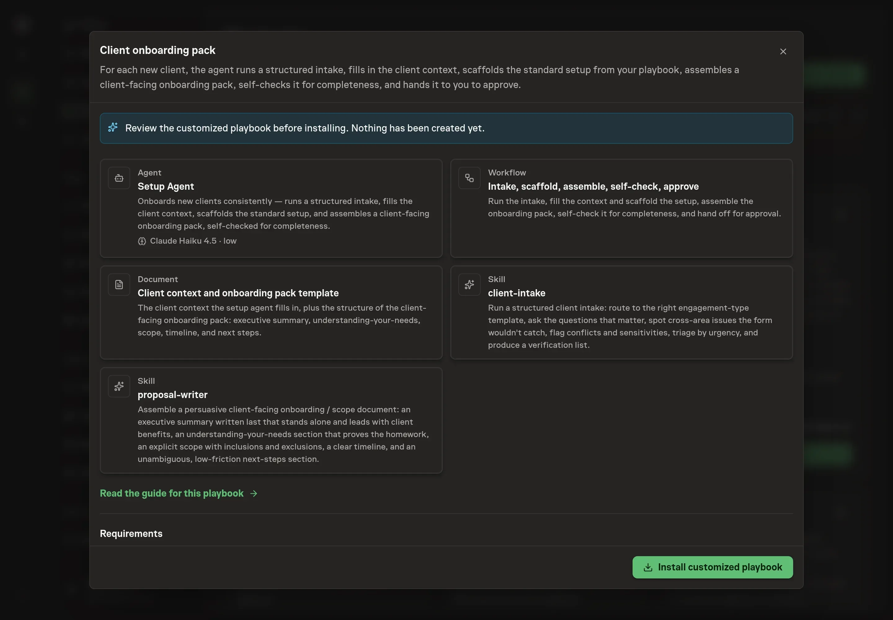 The review step showing the customized Setup Agent, workflow, template document, and both skills, with a banner confirming nothing has been created yet