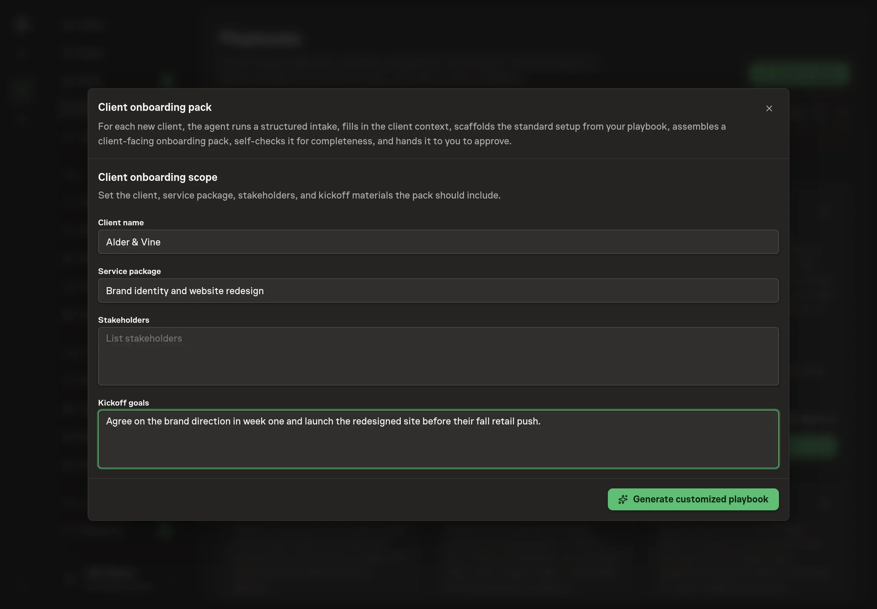 The setup form filled in with a client name, a brand identity and website redesign service package, two named stakeholders, and kickoff goals for the first weeks