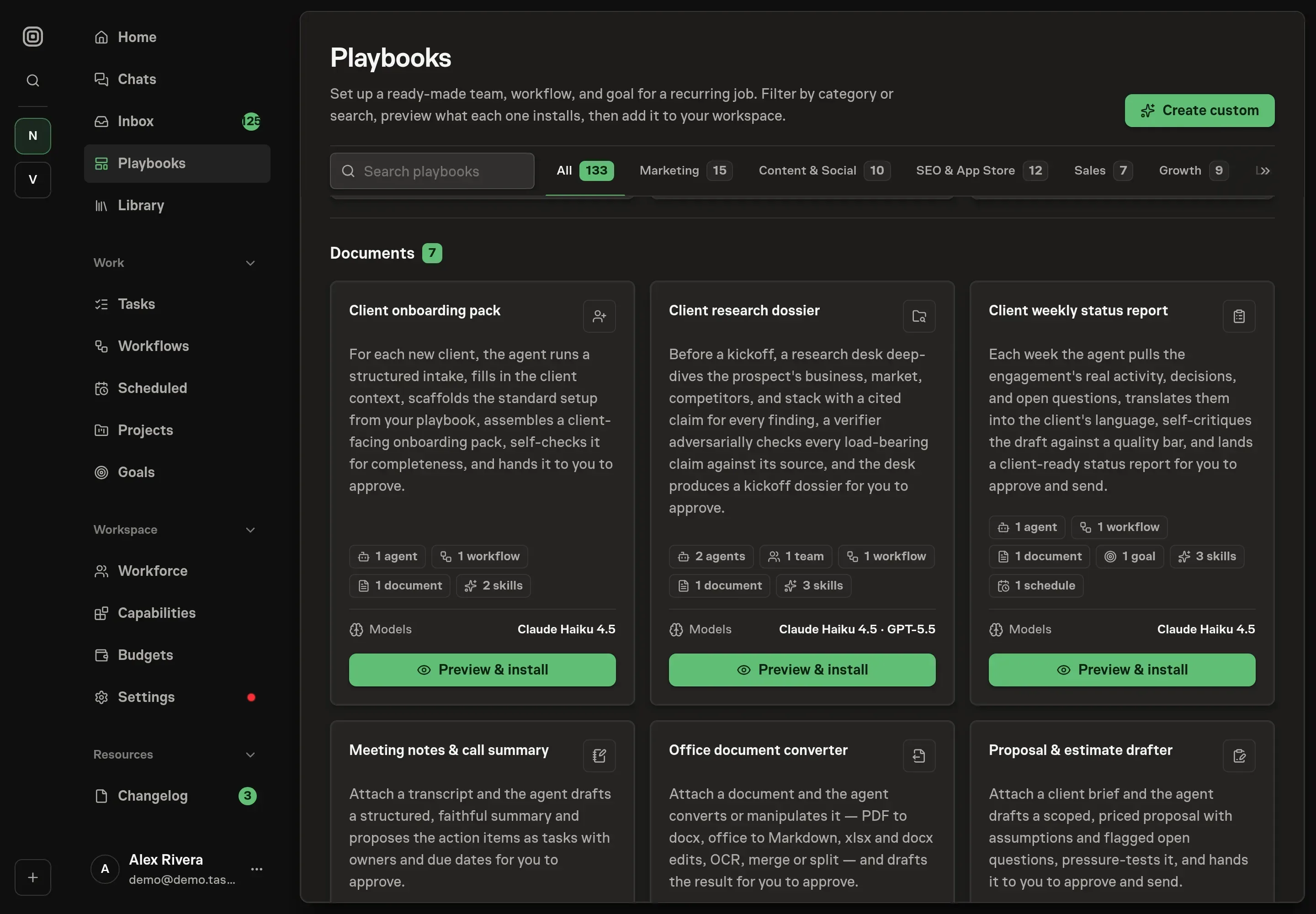 The playbook gallery with the Client weekly status report card in the Documents category, listing one agent, one workflow, one document, one goal, three skills, and one schedule