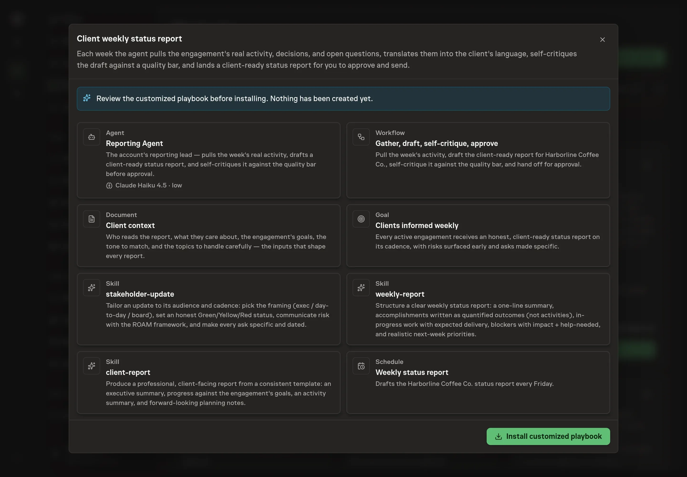 The review step showing the customized Reporting Agent, workflow, Client context document, goal, skills, and schedule, with a banner confirming nothing has been created yet