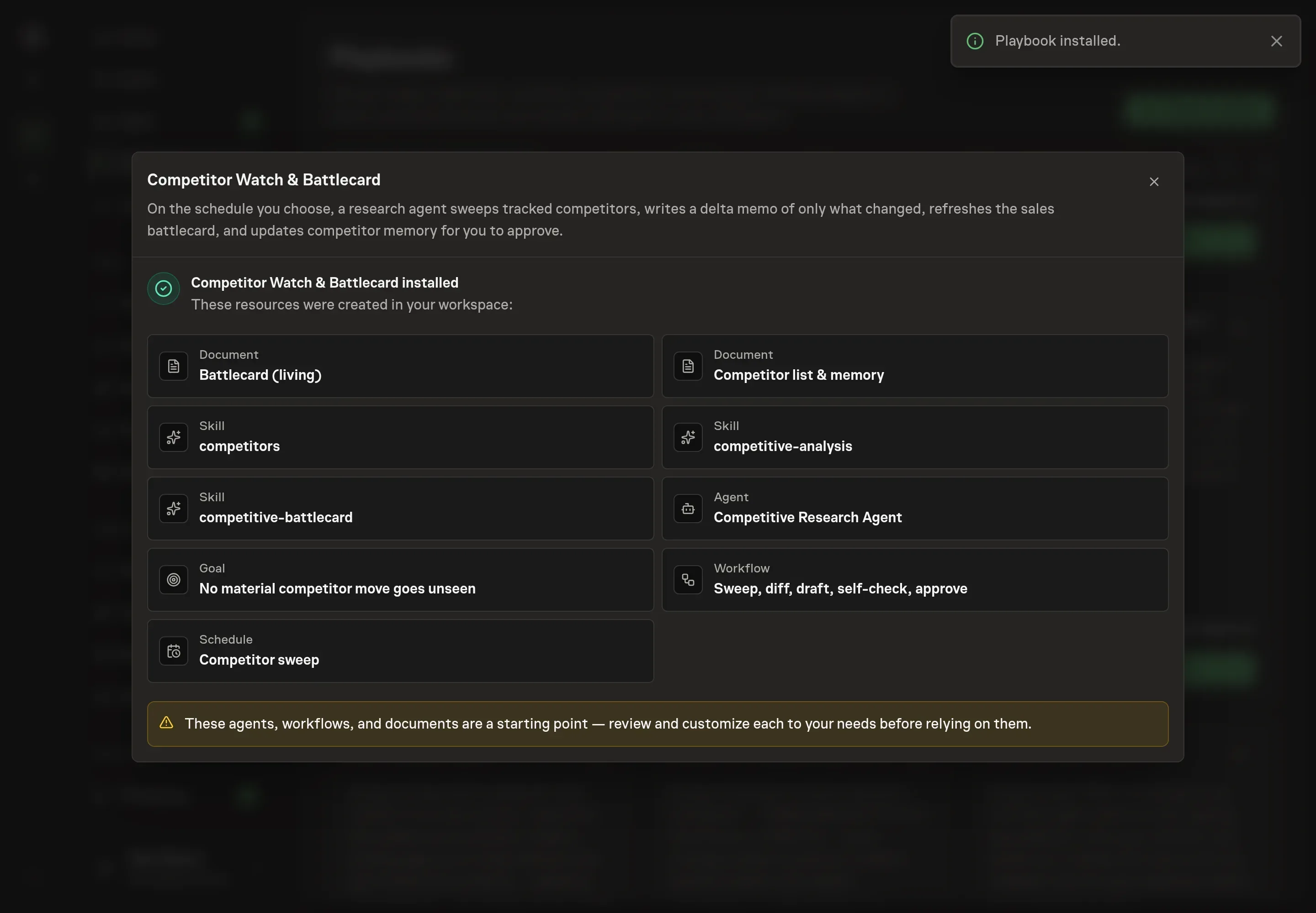 The install confirmation listing the created battlecard and competitor list documents, the three skills, the Competitive Research Agent, the goal, the sweep workflow, and the schedule, with a Playbook installed notice