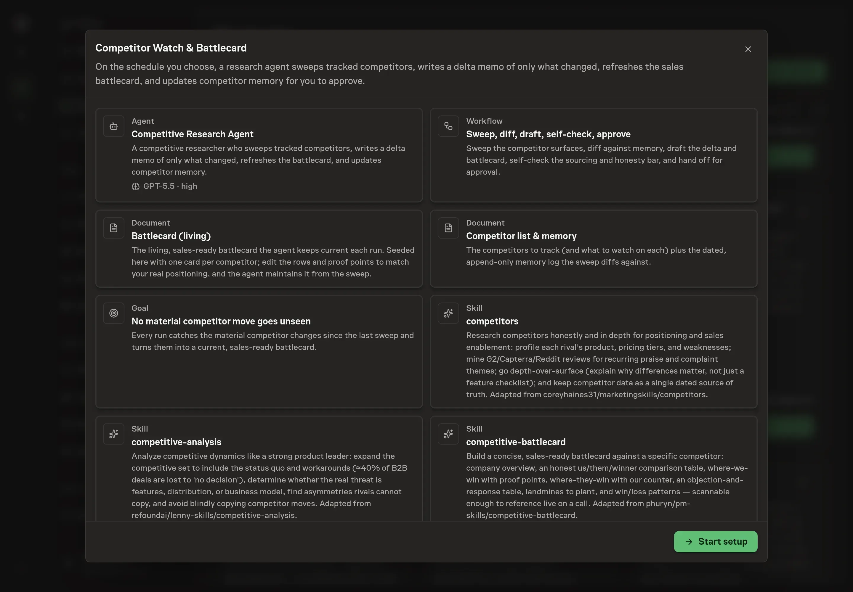 The Competitor Watch & Battlecard preview listing the Competitive Research Agent, the sweep workflow, both documents, the goal, all three skills, and the schedule, with a Start setup button