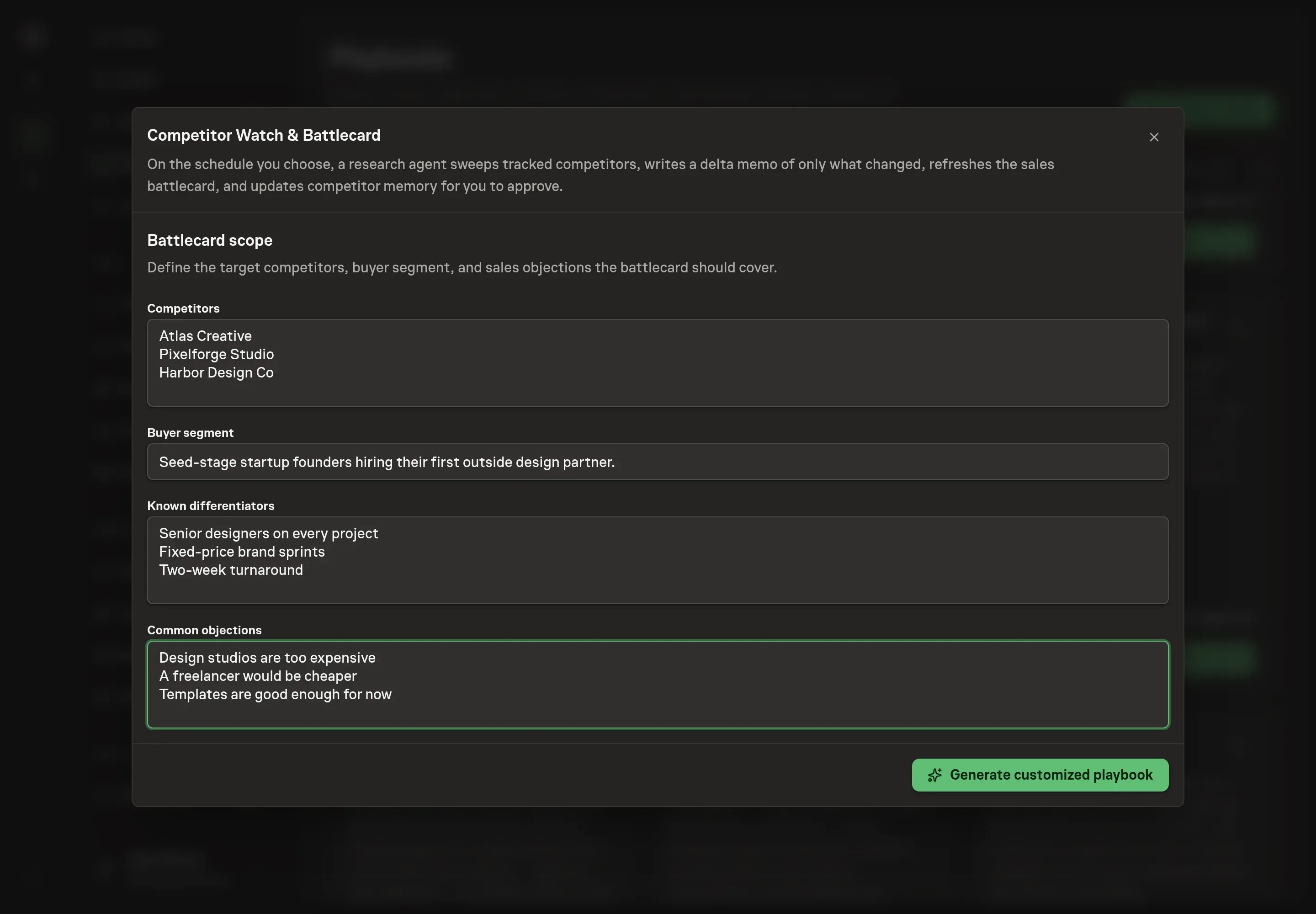 The setup form filled in with three competitors, a buyer segment, known differentiators, and common objections for a small design studio