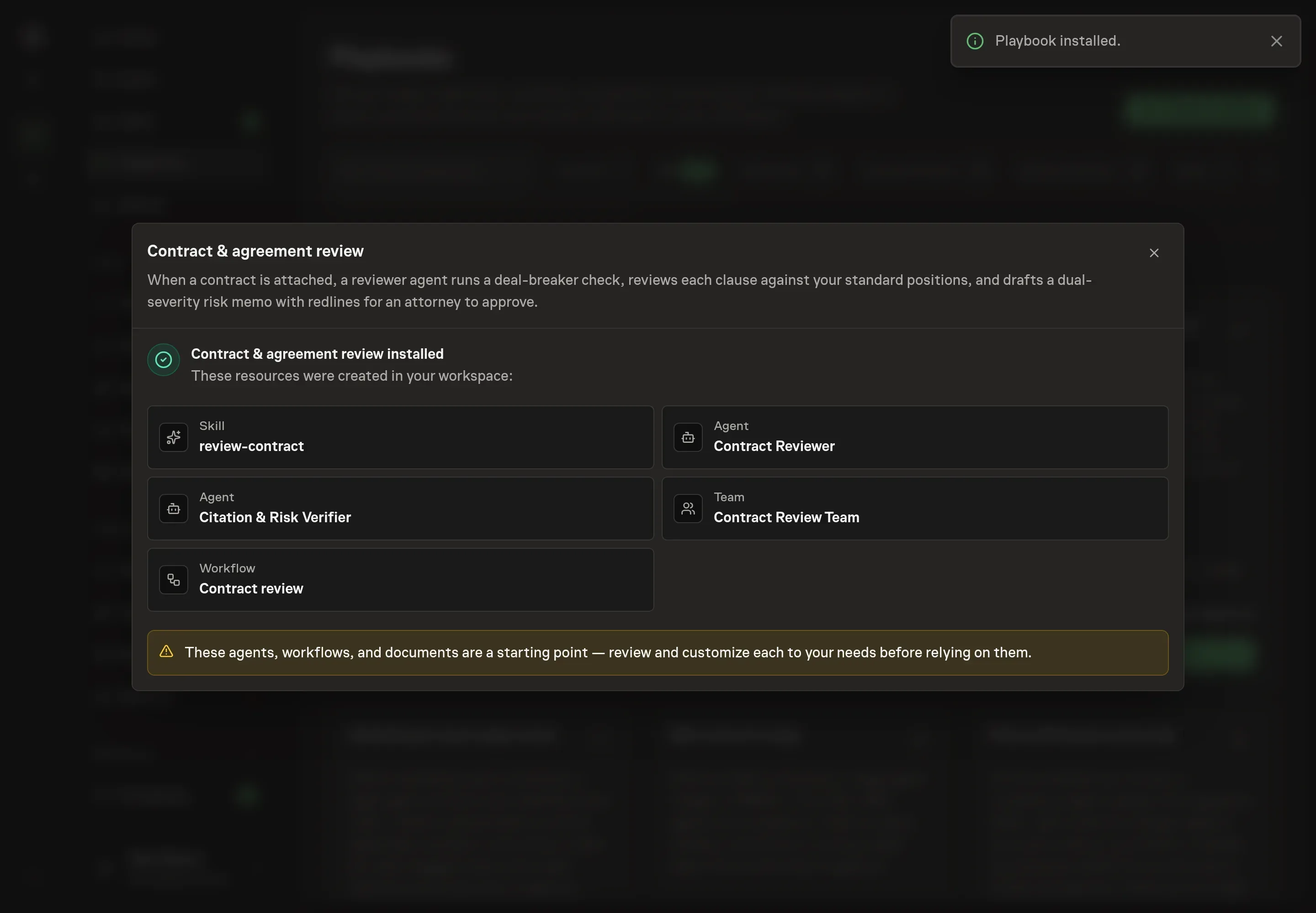 The install confirmation listing the created agents, team, five skills, and workflow, with the Start Contract review follow-up and a Playbook installed notice