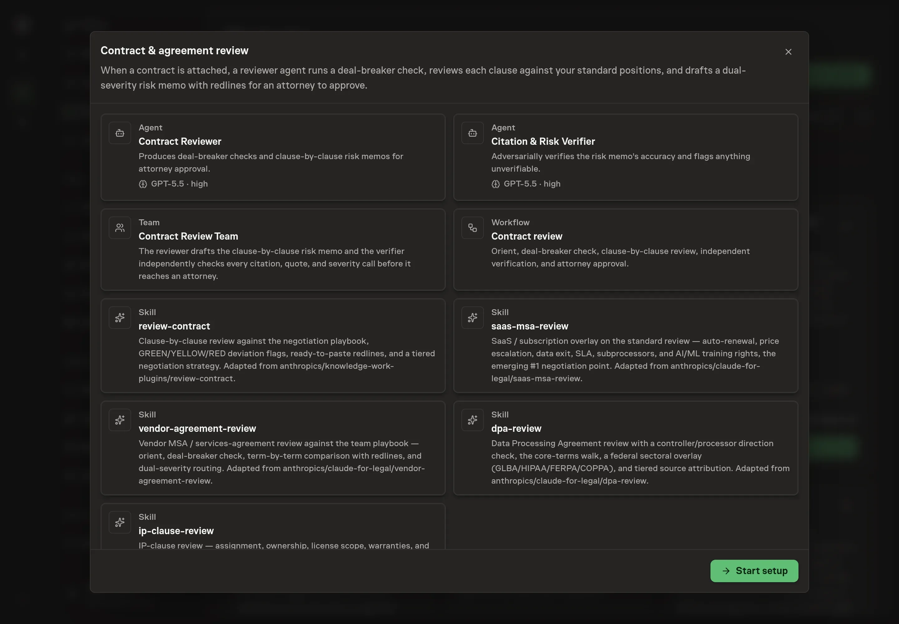 The Contract & agreement review preview listing the Contract Reviewer, the Citation & Risk Verifier, the Contract Review Team, all five review skills, and the Contract review workflow, with a Start setup button