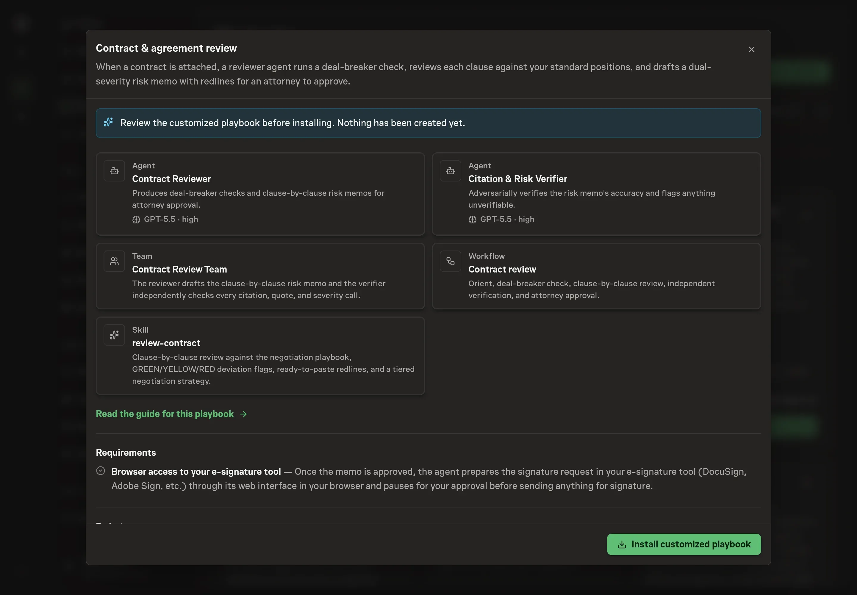 The review step showing the customized Contract Reviewer and Citation & Risk Verifier, the team, the five skills, and the workflow, with a banner confirming nothing has been created yet
