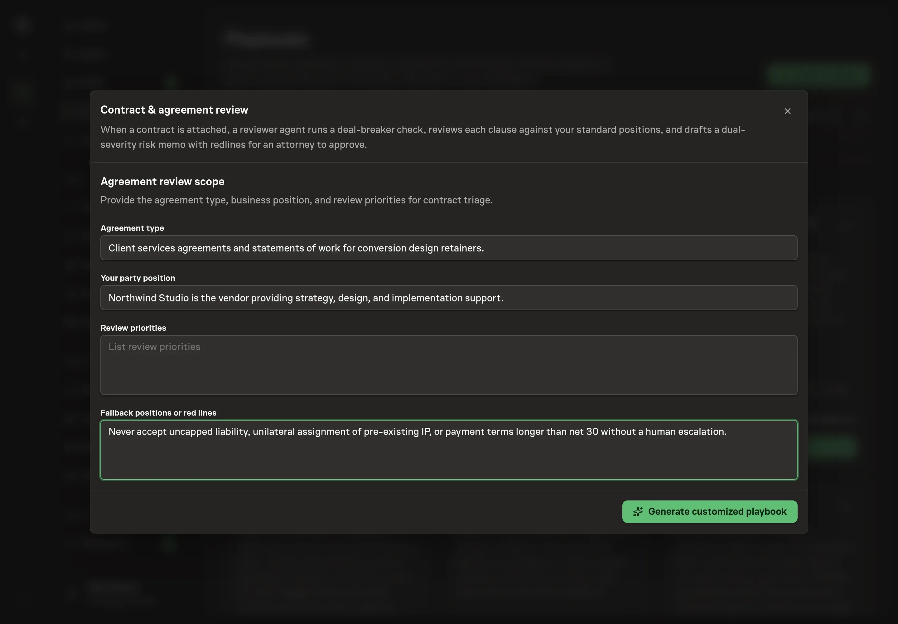 The setup form filled in for a design studio: client services agreements as the agreement type, the vendor-side party position, review priorities, and fallback positions with a never-assign red line