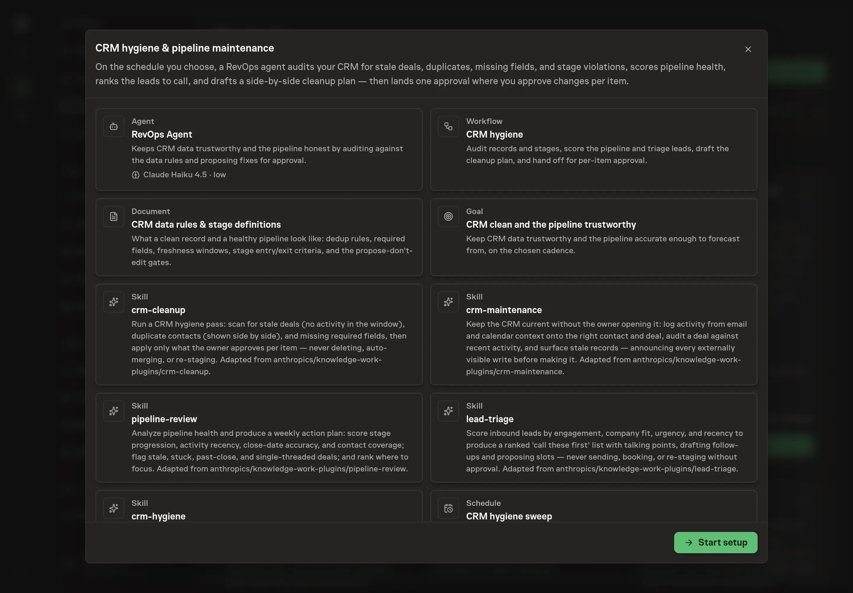 The CRM hygiene & pipeline maintenance preview listing the RevOps Agent, the workflow, the data rules document, the goal, all five skills, the schedule, and HubSpot and Attio as optional services, with a Start setup button