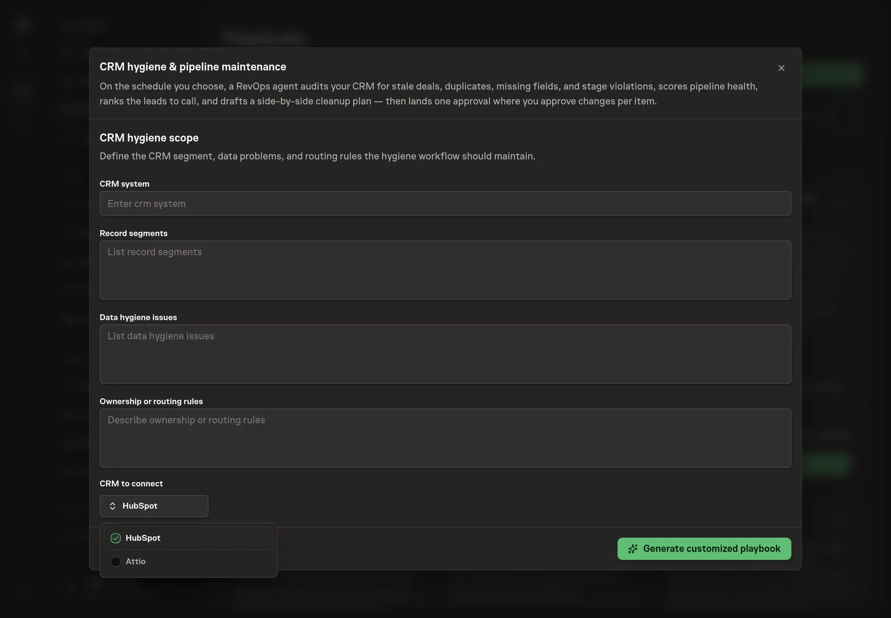 The CRM picker open on the setup step, with HubSpot checked and Attio available