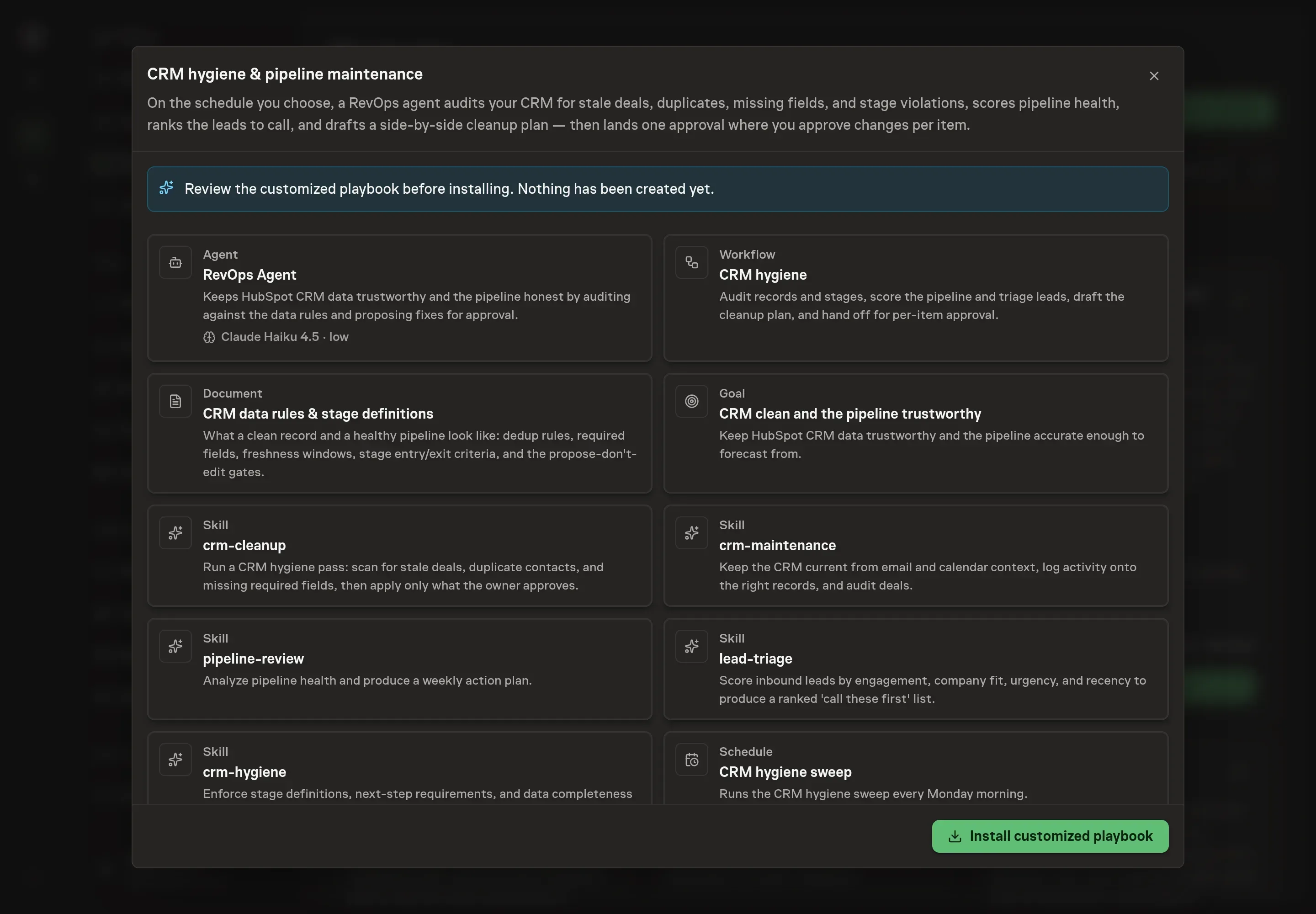 The review step showing the customized RevOps Agent, workflow, data rules document, goal, skills, and schedule, with HubSpot as the only connected service