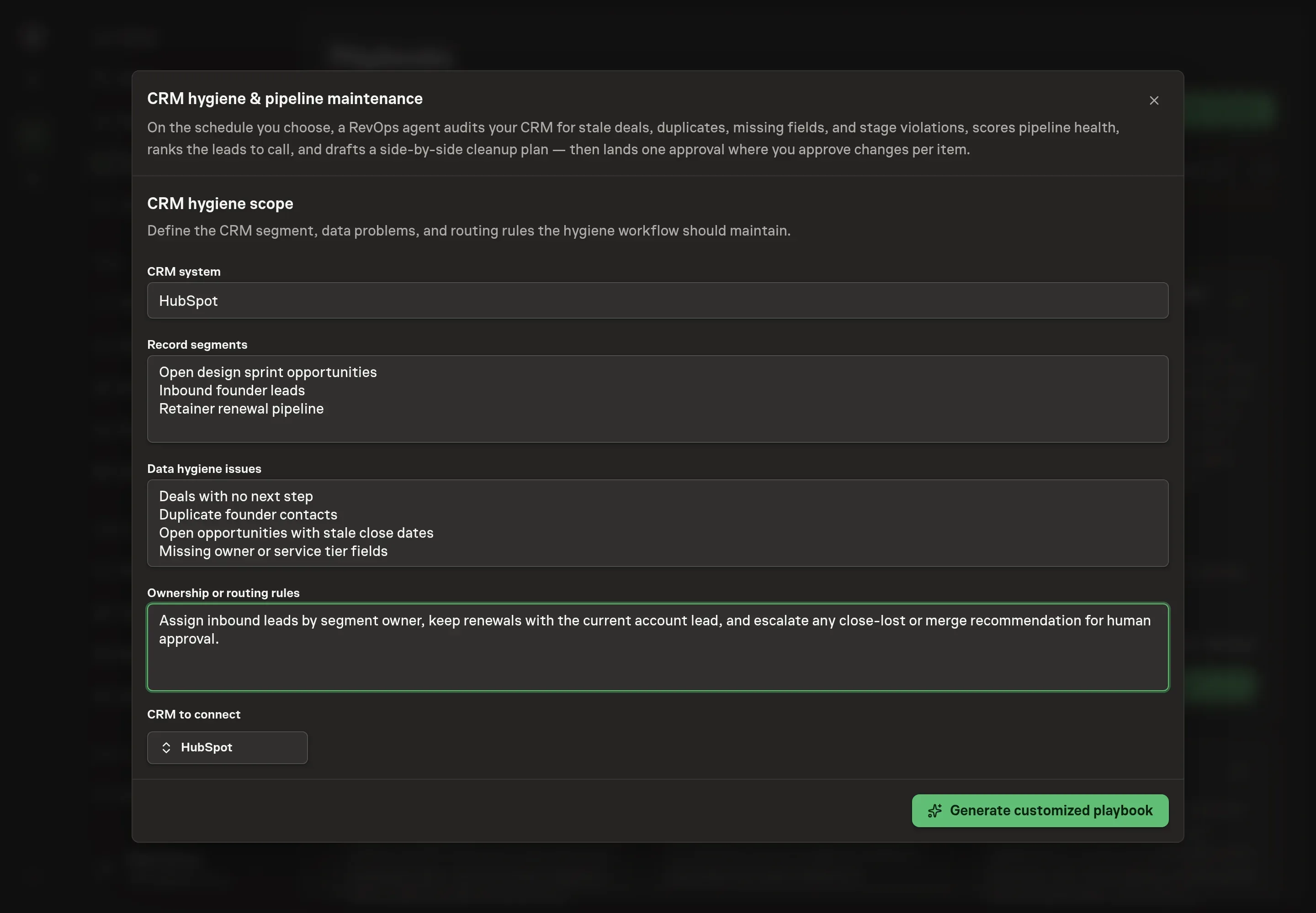 The setup form filled in with HubSpot as the CRM system, record segments, data hygiene issues, and ownership rules for a small design studio