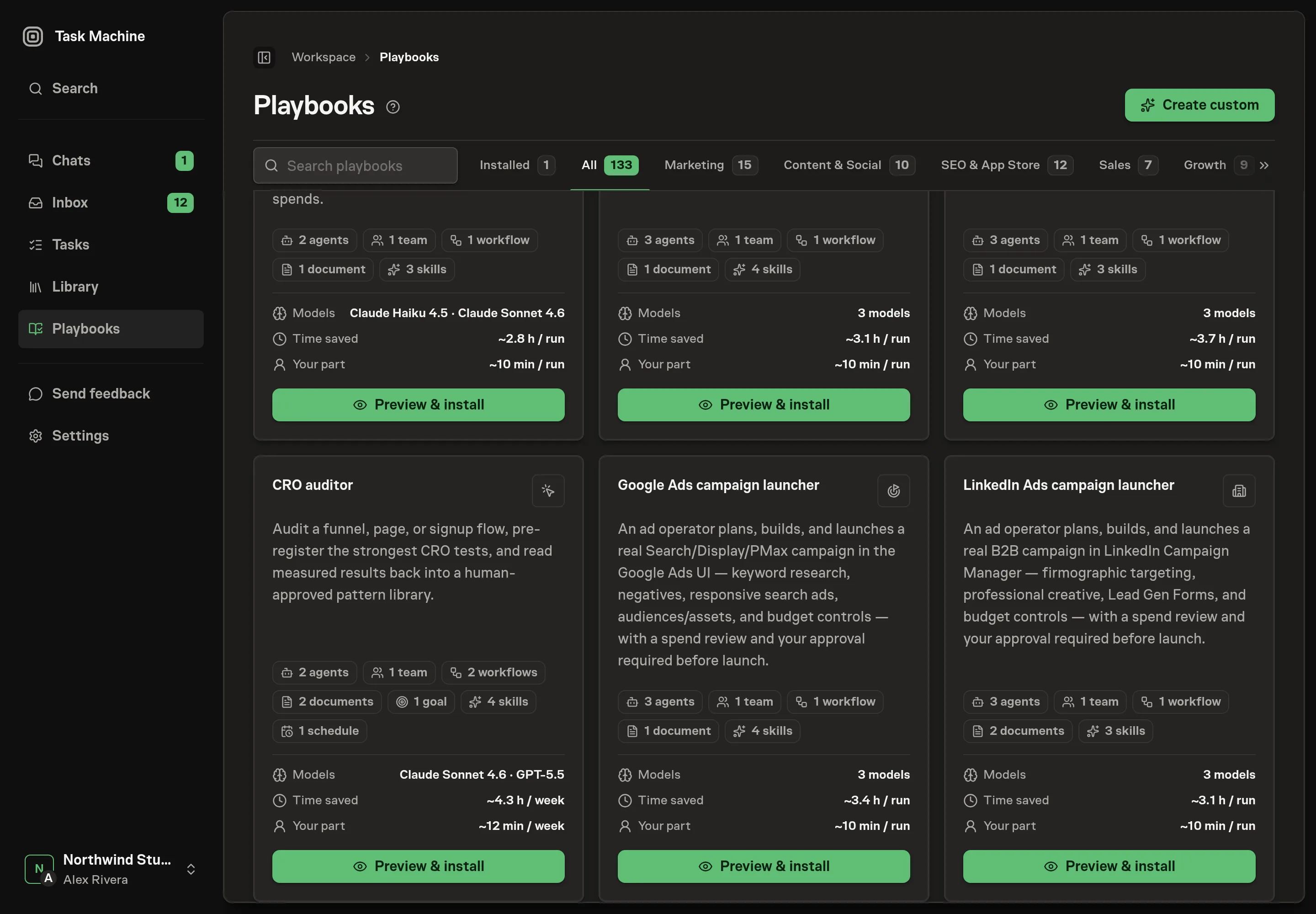 The playbook gallery with the CRO auditor card listing two agents, one team, two workflows, two documents, one goal, four skills, and one schedule