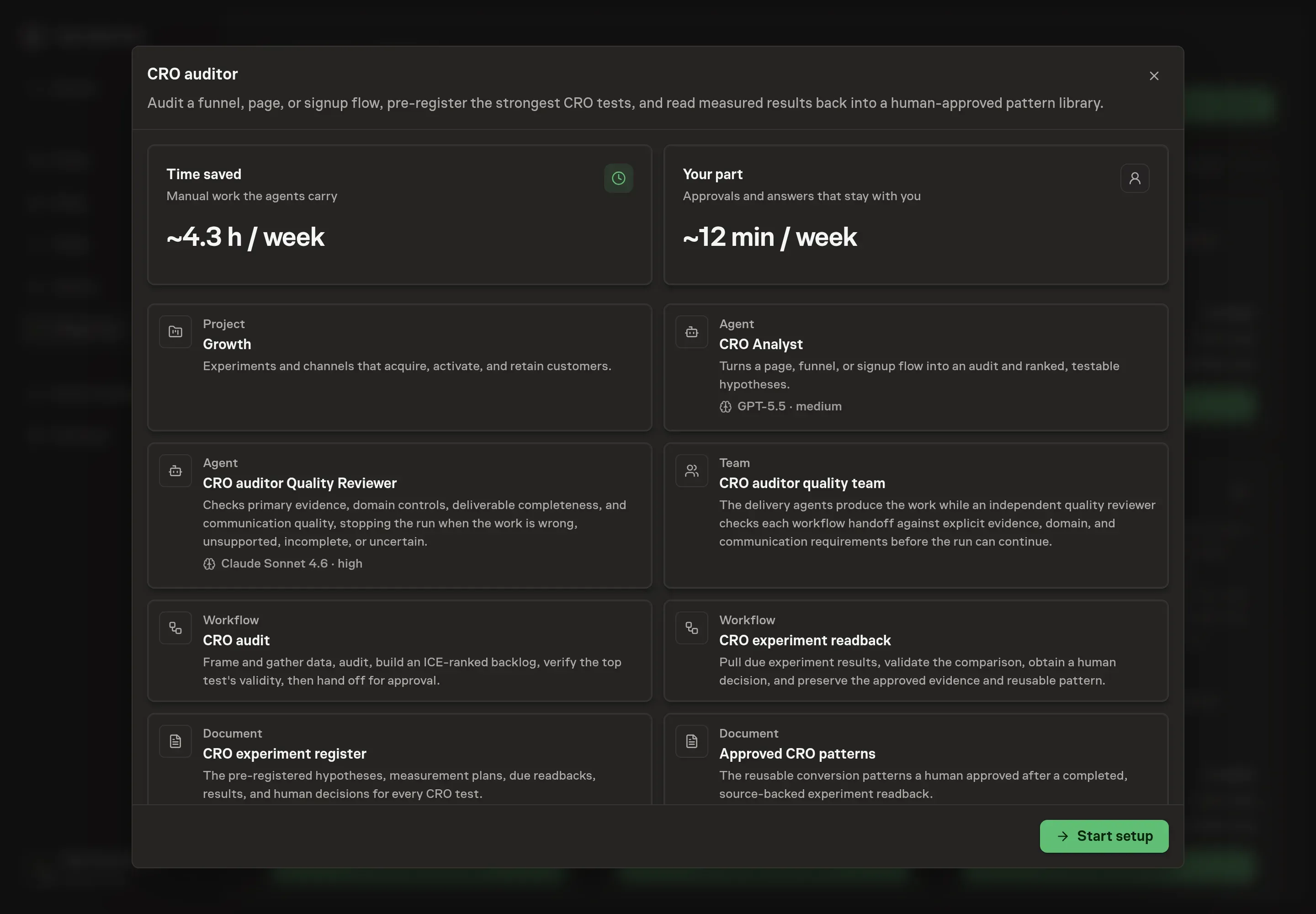 The CRO auditor preview showing the CRO Analyst, quality reviewer and team, audit and readback workflows, and two experiment documents