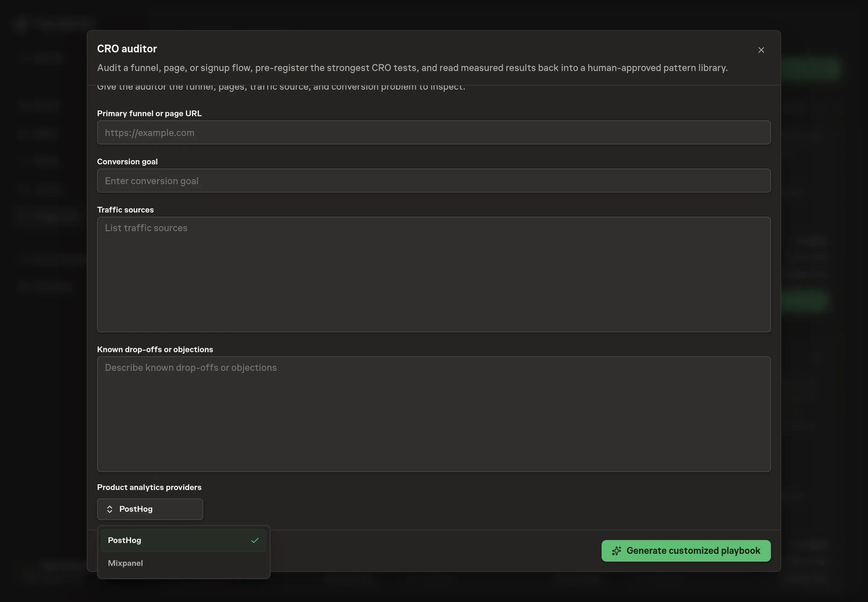 The analytics picker on the setup step with PostHog checked and Mixpanel available, both shown as optional