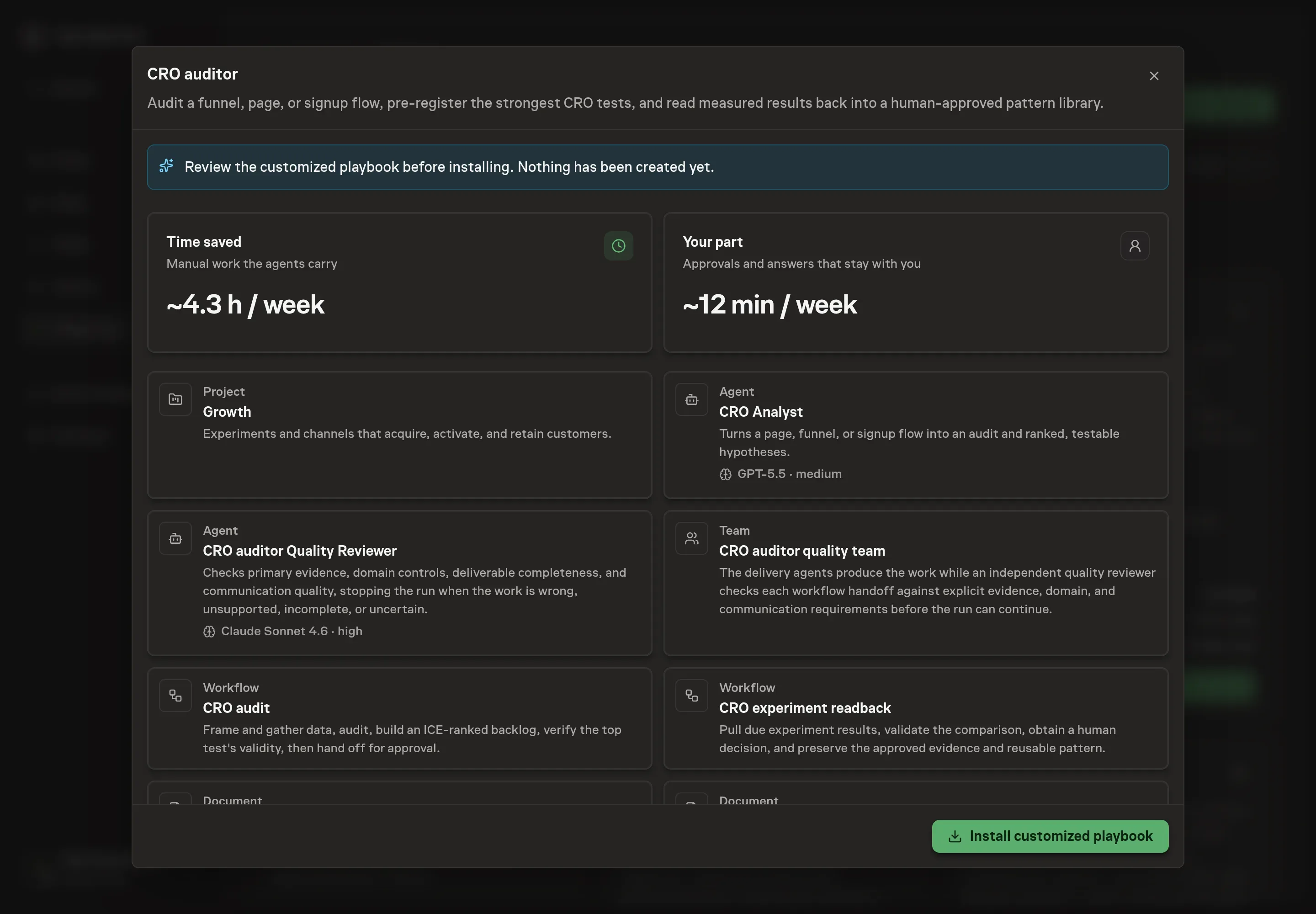 The review step showing the customized CRO Analyst, quality reviewer and team, both workflows, and experiment documents before installation