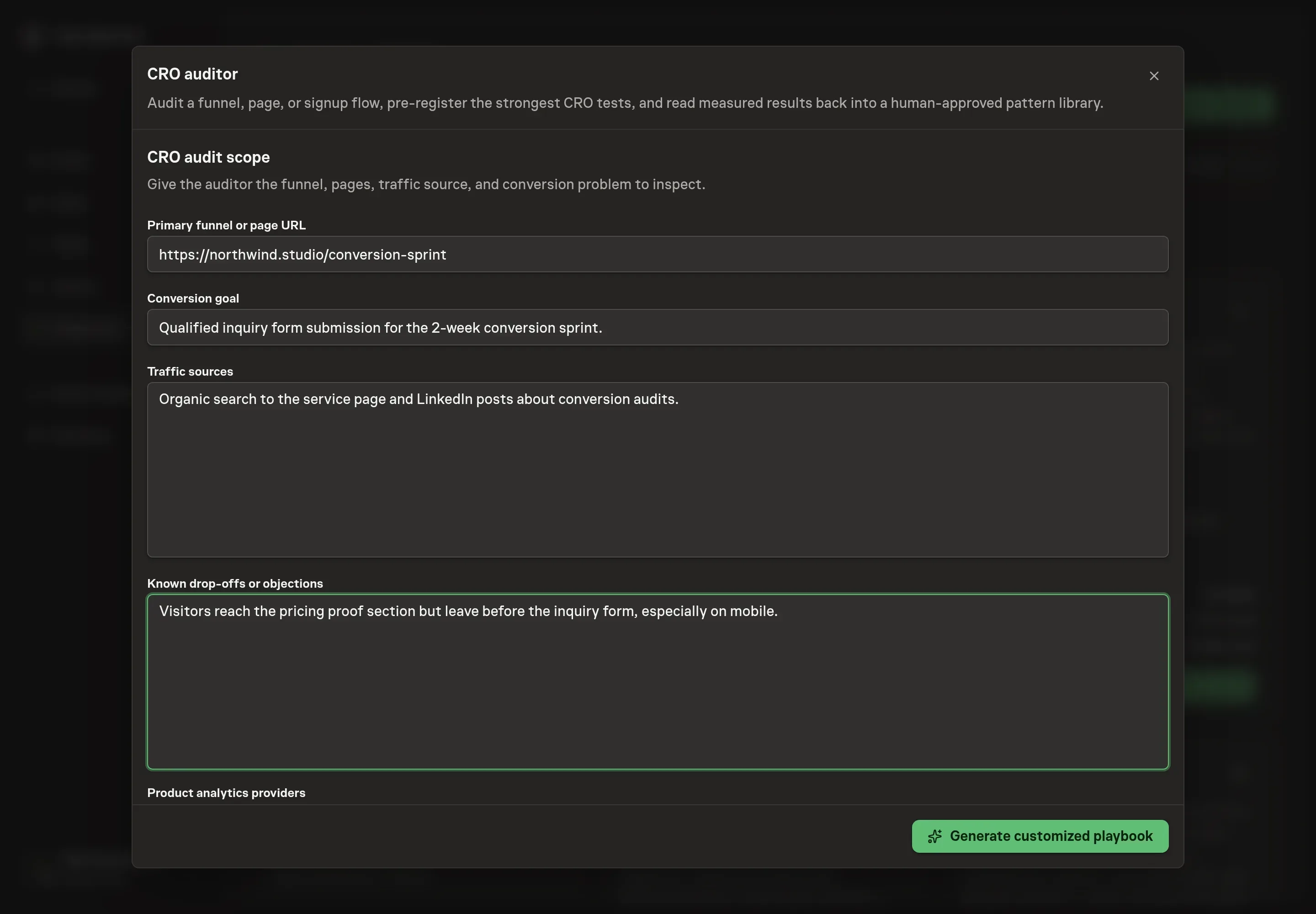 The setup form filled in with a funnel URL, an inquiry-form conversion goal, traffic sources, and notes on known drop-offs