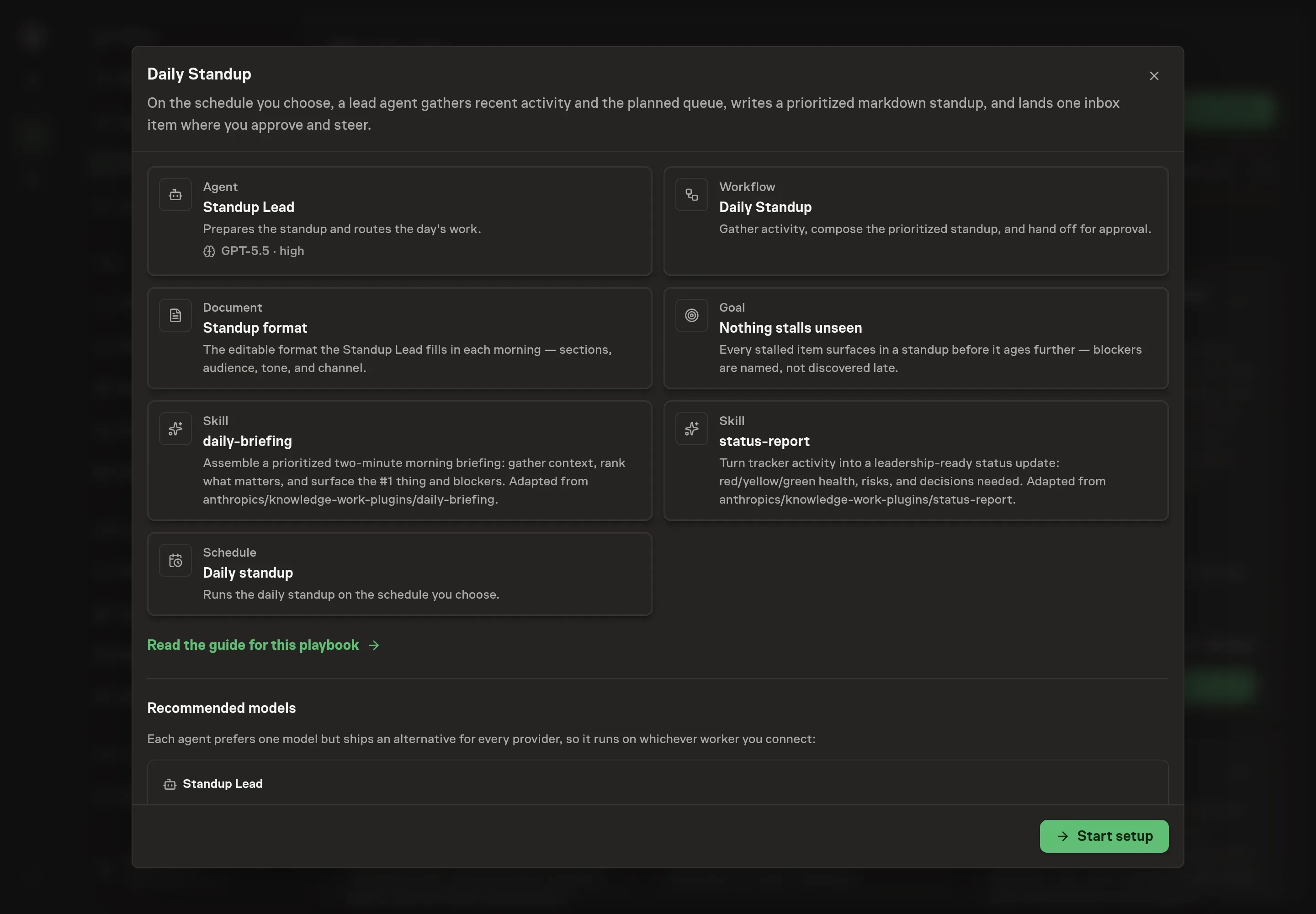 The Daily Standup preview listing the Standup Lead agent, workflow, standup format document, goal, daily briefing and status-report skills, and schedule, with a Start setup button