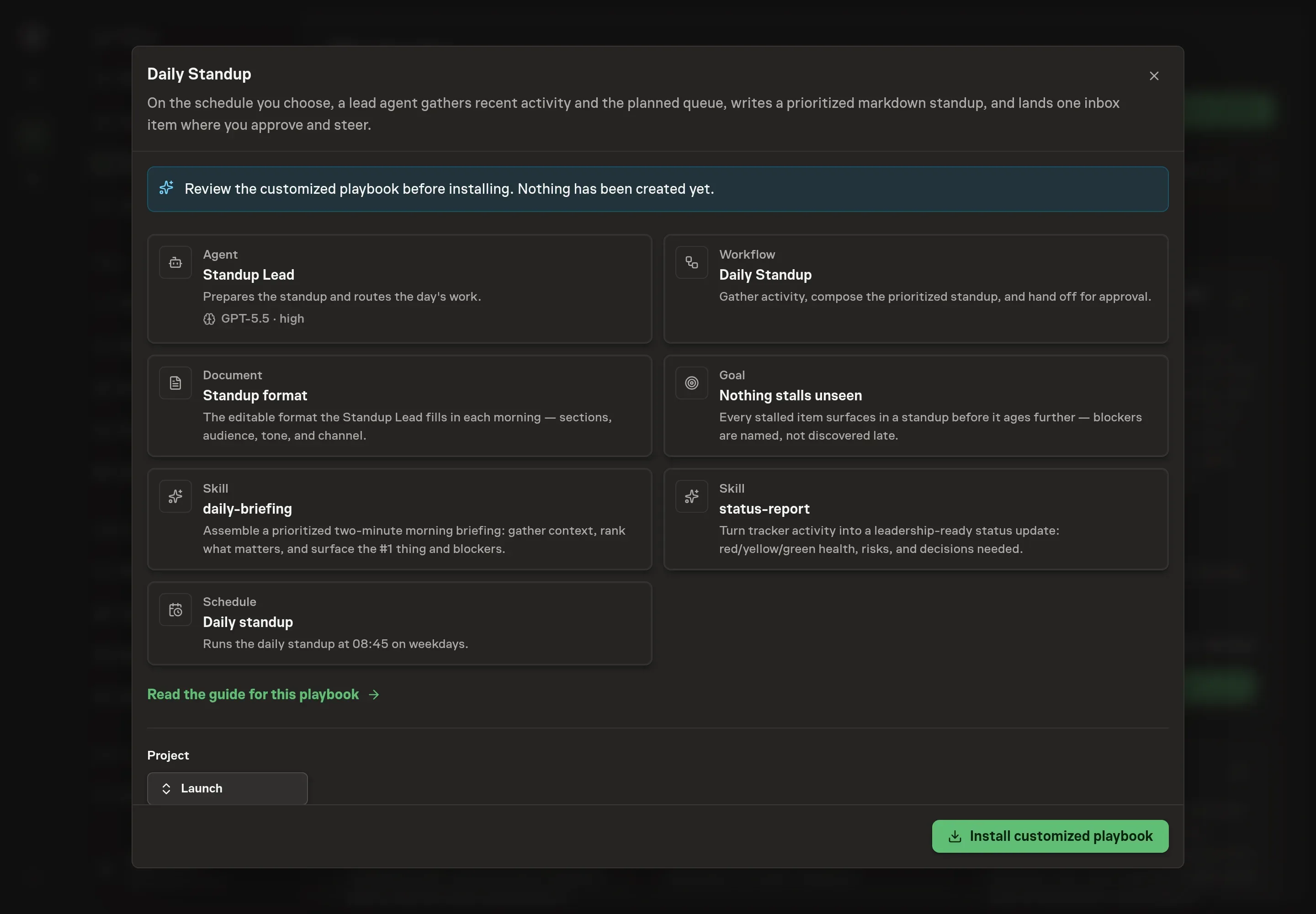 The review step showing the customized Daily Standup agent, workflow, standup format document, goal, skills, and schedule before installation