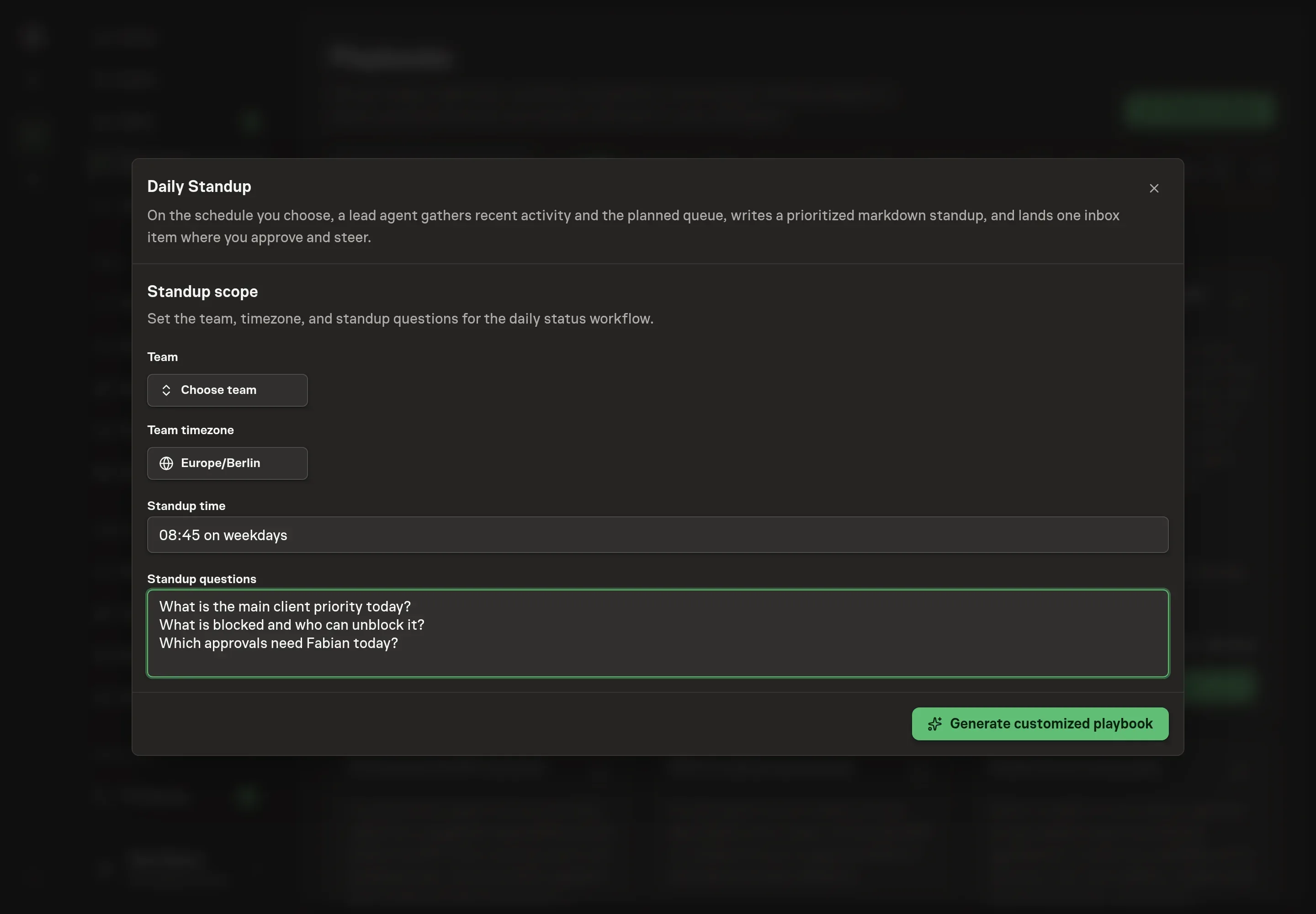 The setup form filled with Northwind Studio's team, timezone, standup time, and daily standup questions