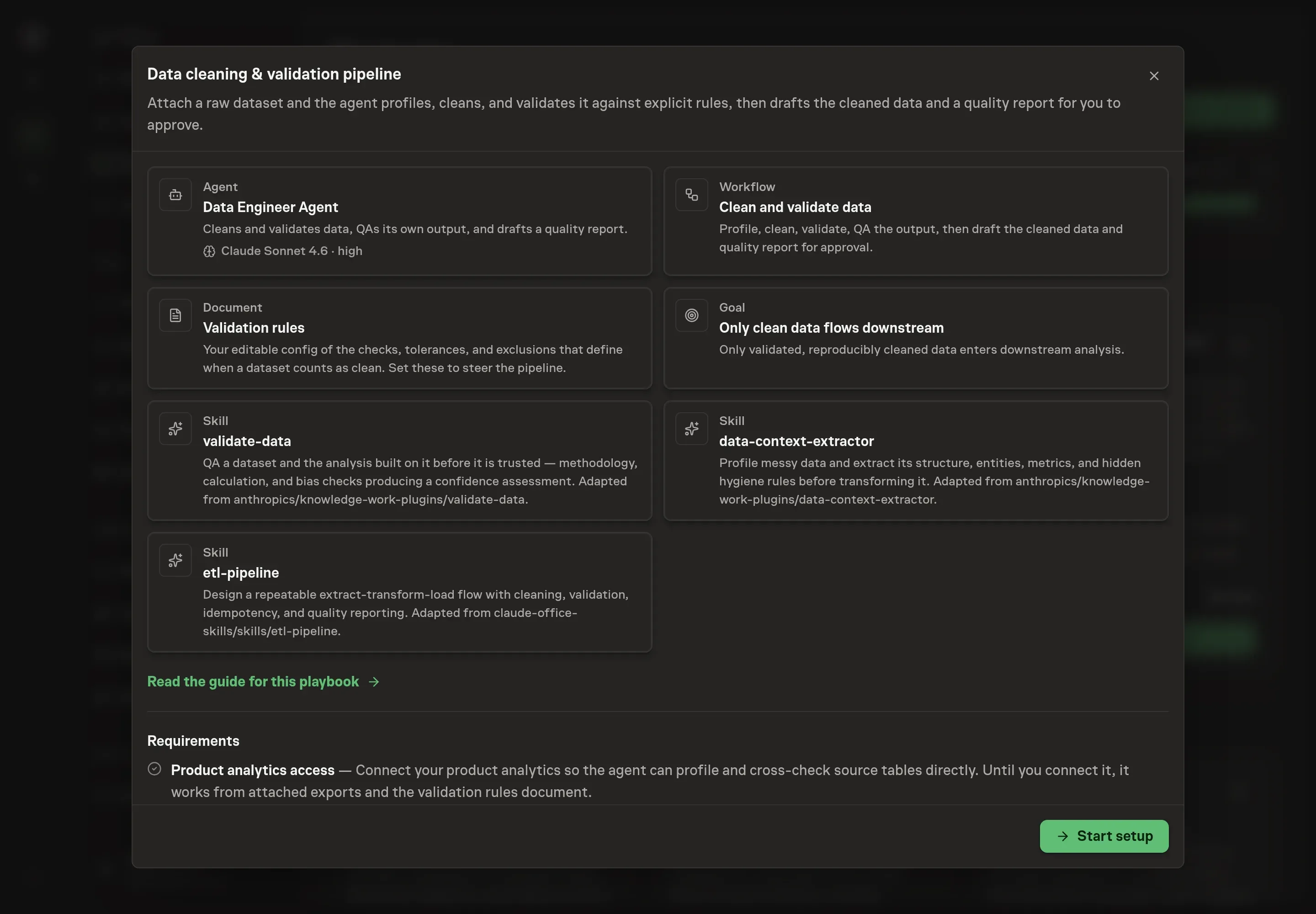 The Data cleaning and validation pipeline preview showing the Data Engineer Agent, Clean and validate data workflow, Validation rules document, goal, and three assigned skills, with a Start setup button