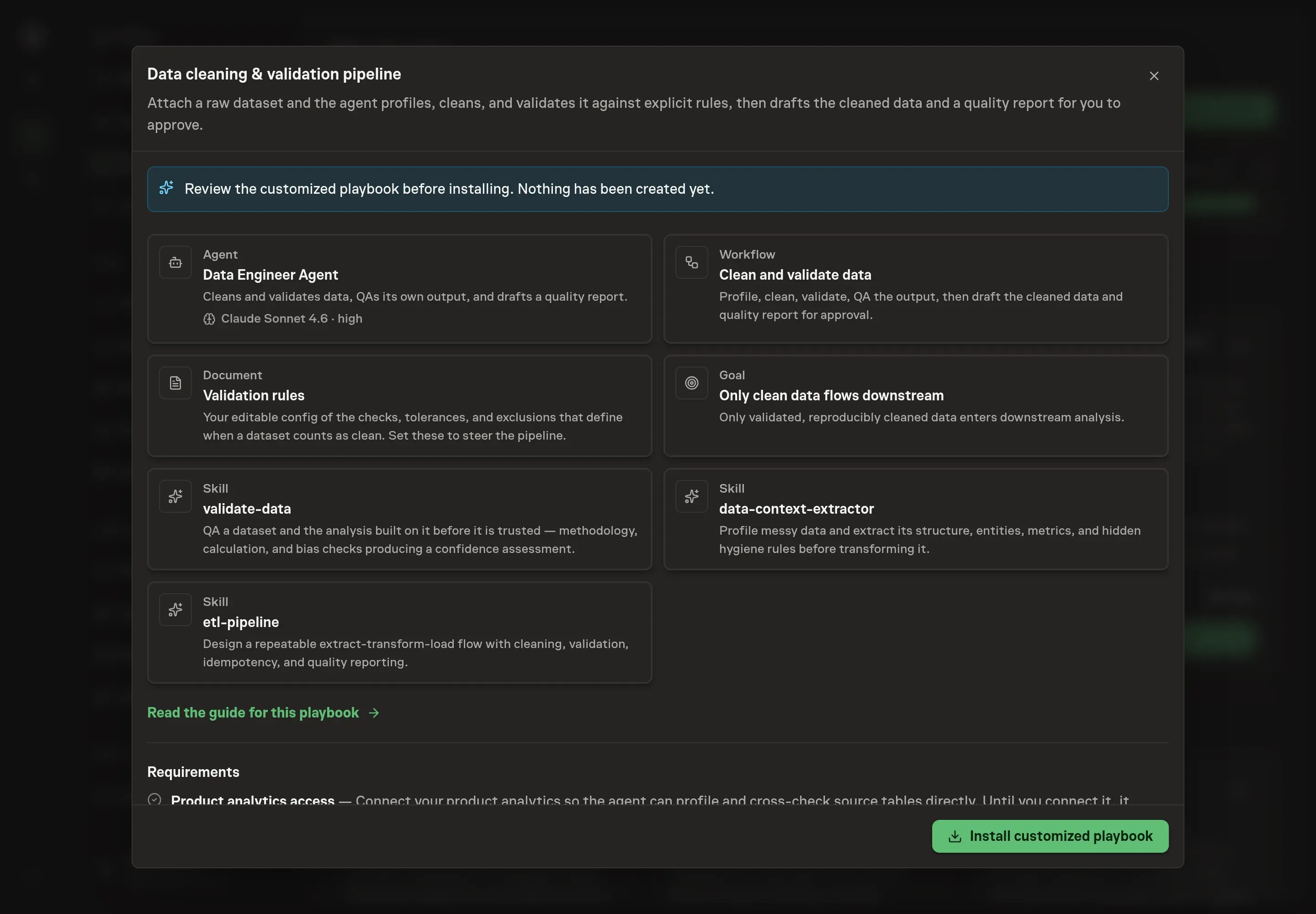 The review step showing the customized data engineer, validation workflow, validation rules document, goal, and follow-ups before anything is created