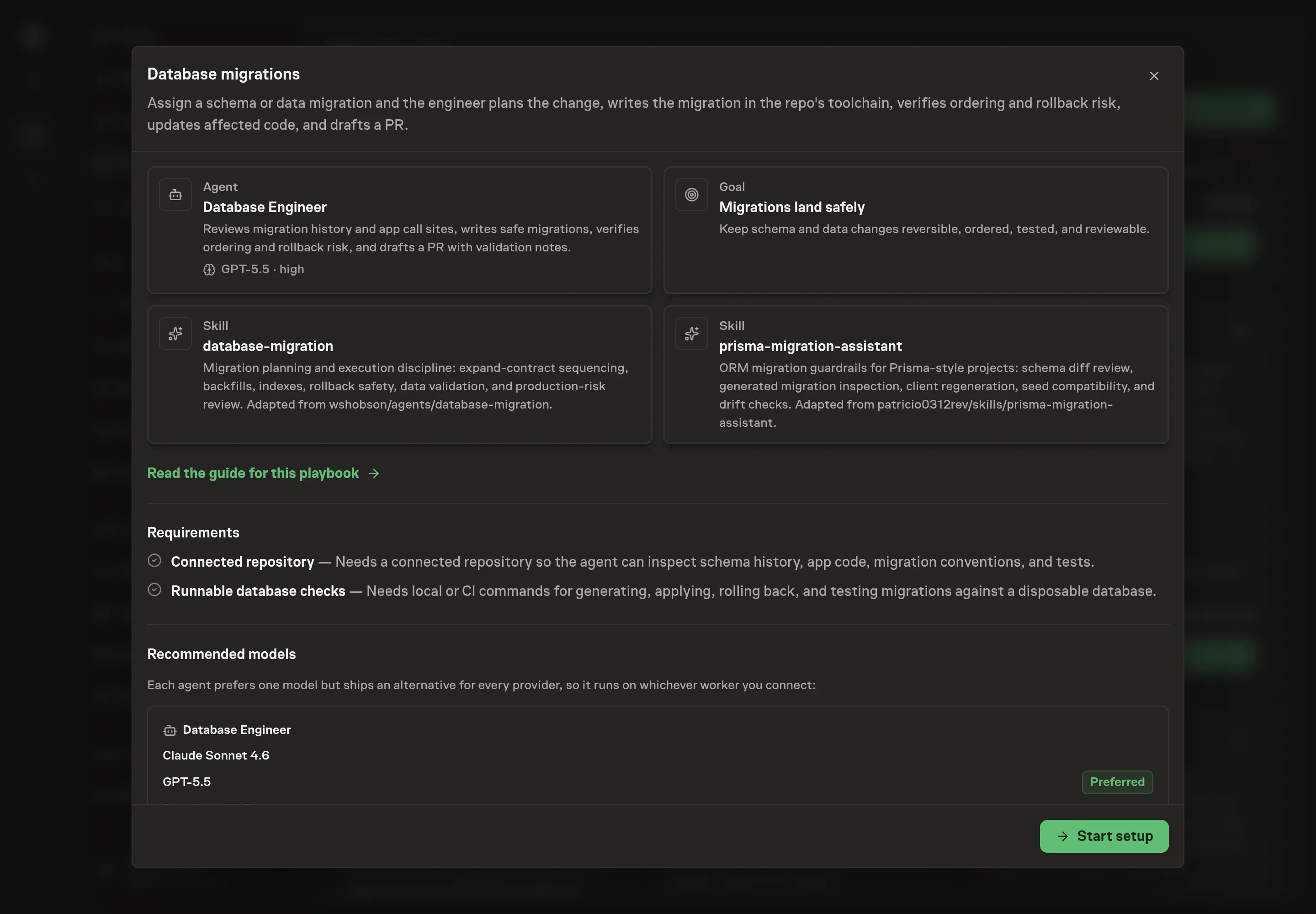 The Database migrations preview showing the Database Engineer, Migrations land safely goal, migration skills, and starter task proposal, with a Start setup button