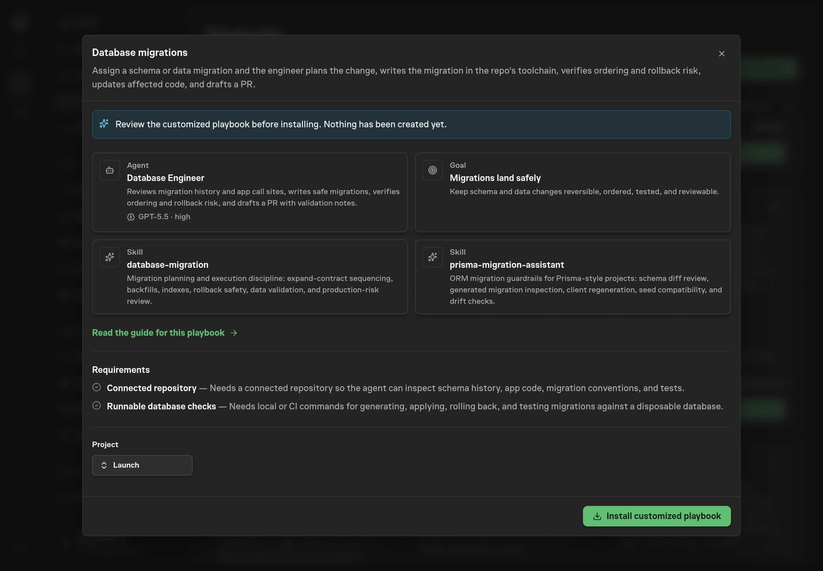 The review step showing the customized Database Engineer, migration goal, skills, and starter task proposal before anything is created