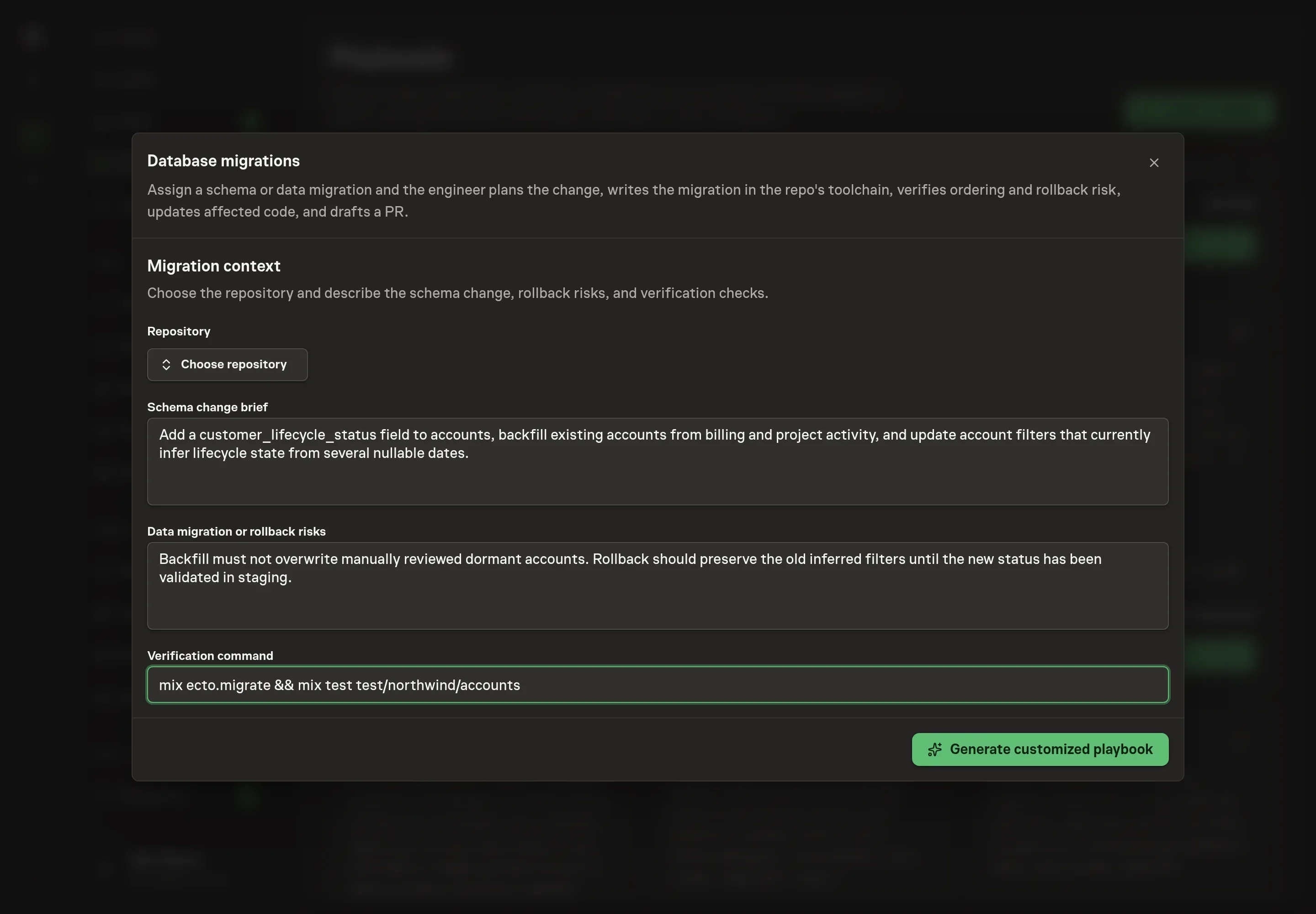 The setup form filled with a Northwind Studio repository, a customer lifecycle status schema change, backfill and rollback risks, and a migration verification command