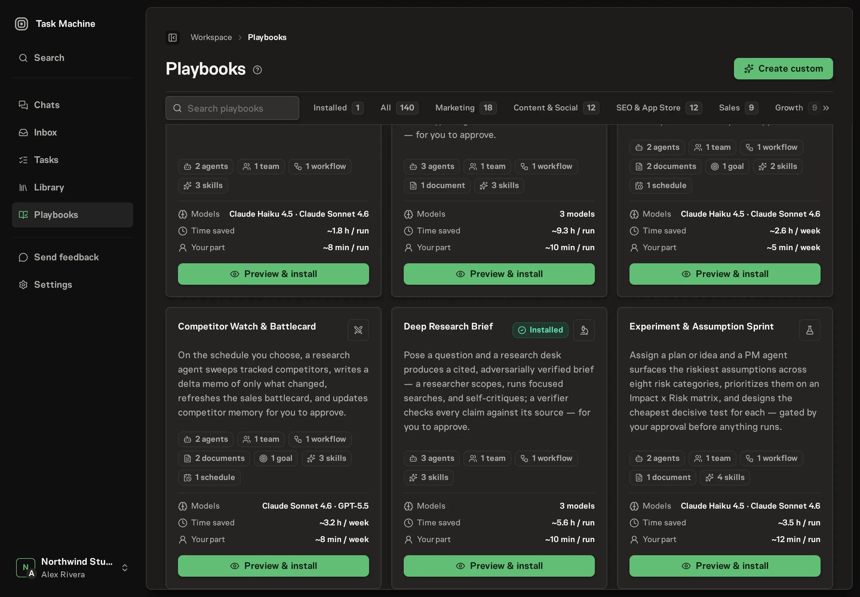 The playbook gallery with the Deep Research Brief card in the Research category, listing the Lead Researcher, Verifier, Research Desk, workflow, and research skills